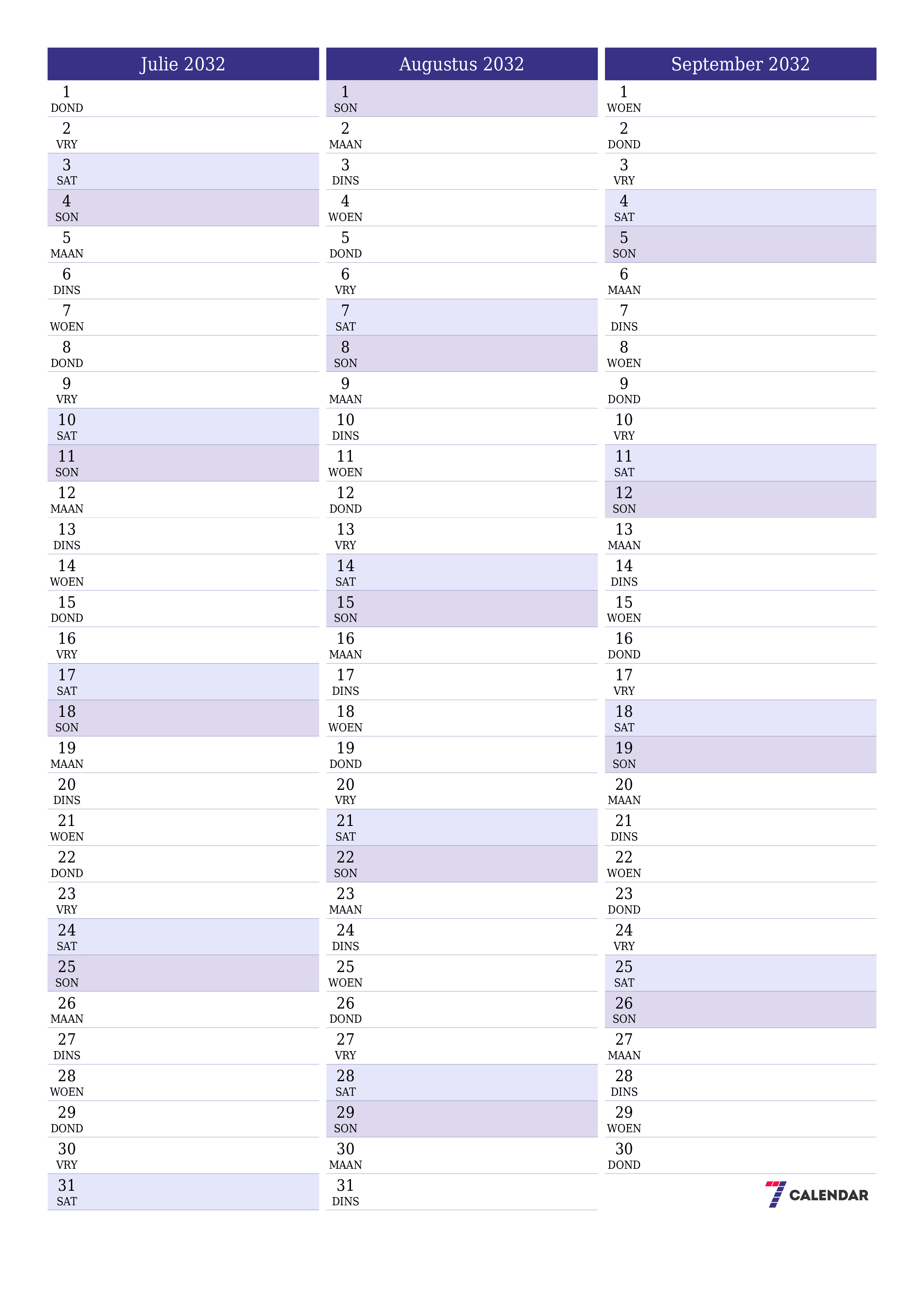 Leë maandelikse drukbare kalender en beplanner vir maand Julie 2032 met notas stoor en druk na PDF PNG Afrikaans