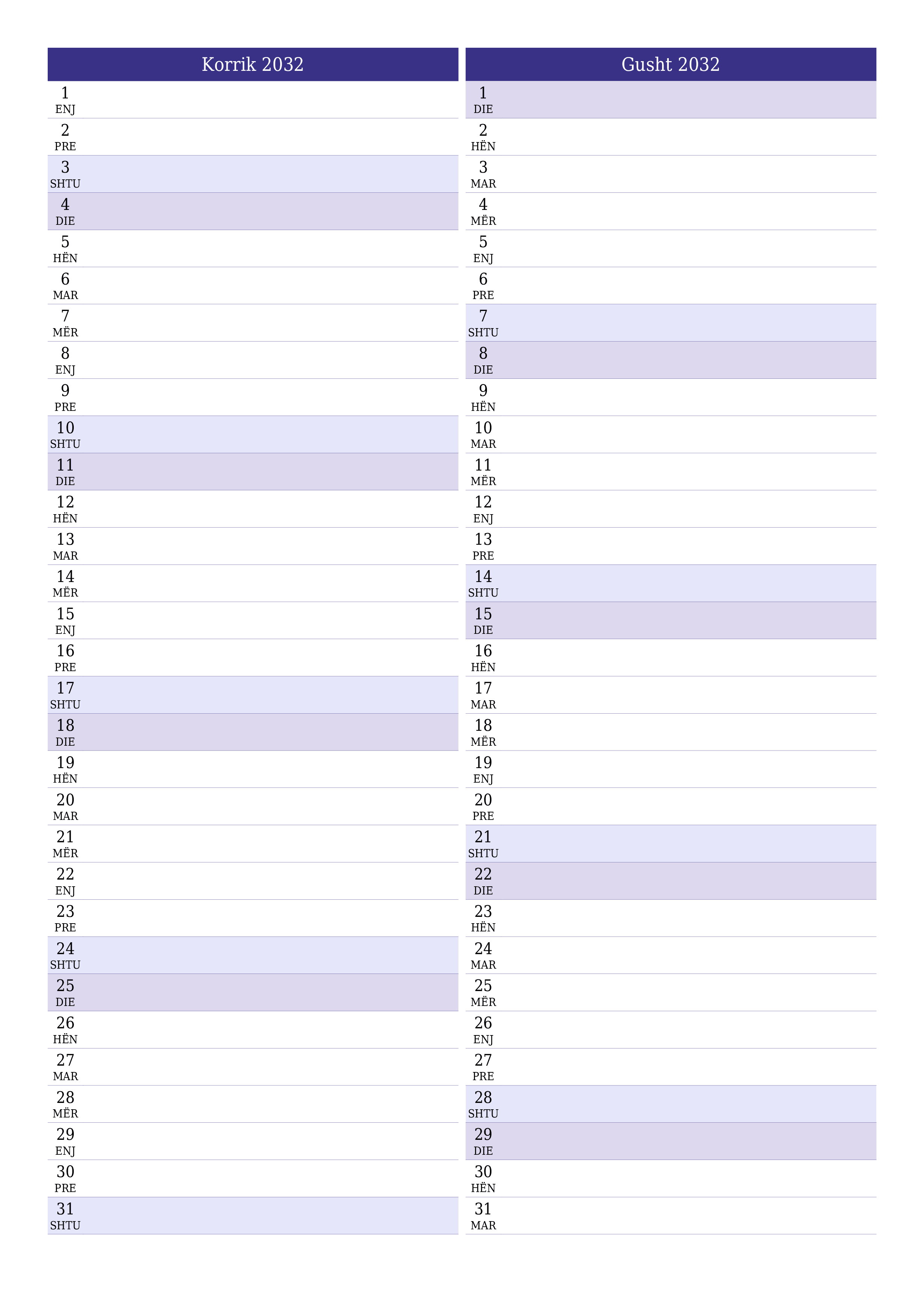 Planifikuesi i zbrazët i kalendarit mujor për muajin Korrik 2032 me shënime të ruajtura dhe të printuara në PDF PNG Albanian