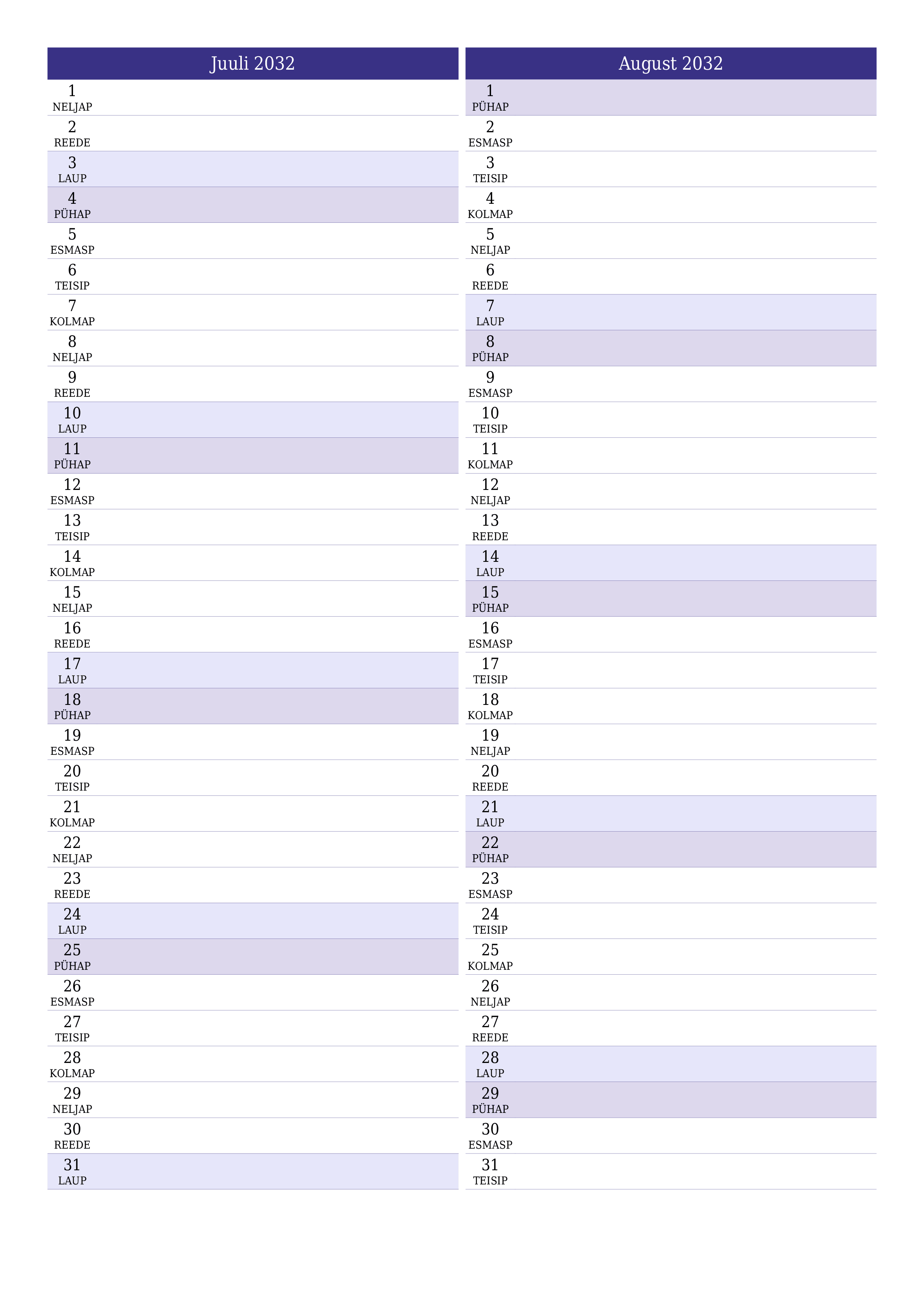 Tühjendage kuu Juuli 2032 kuuplaneerija märkmetega, salvestage ja printige PDF-i PNG Estonian
