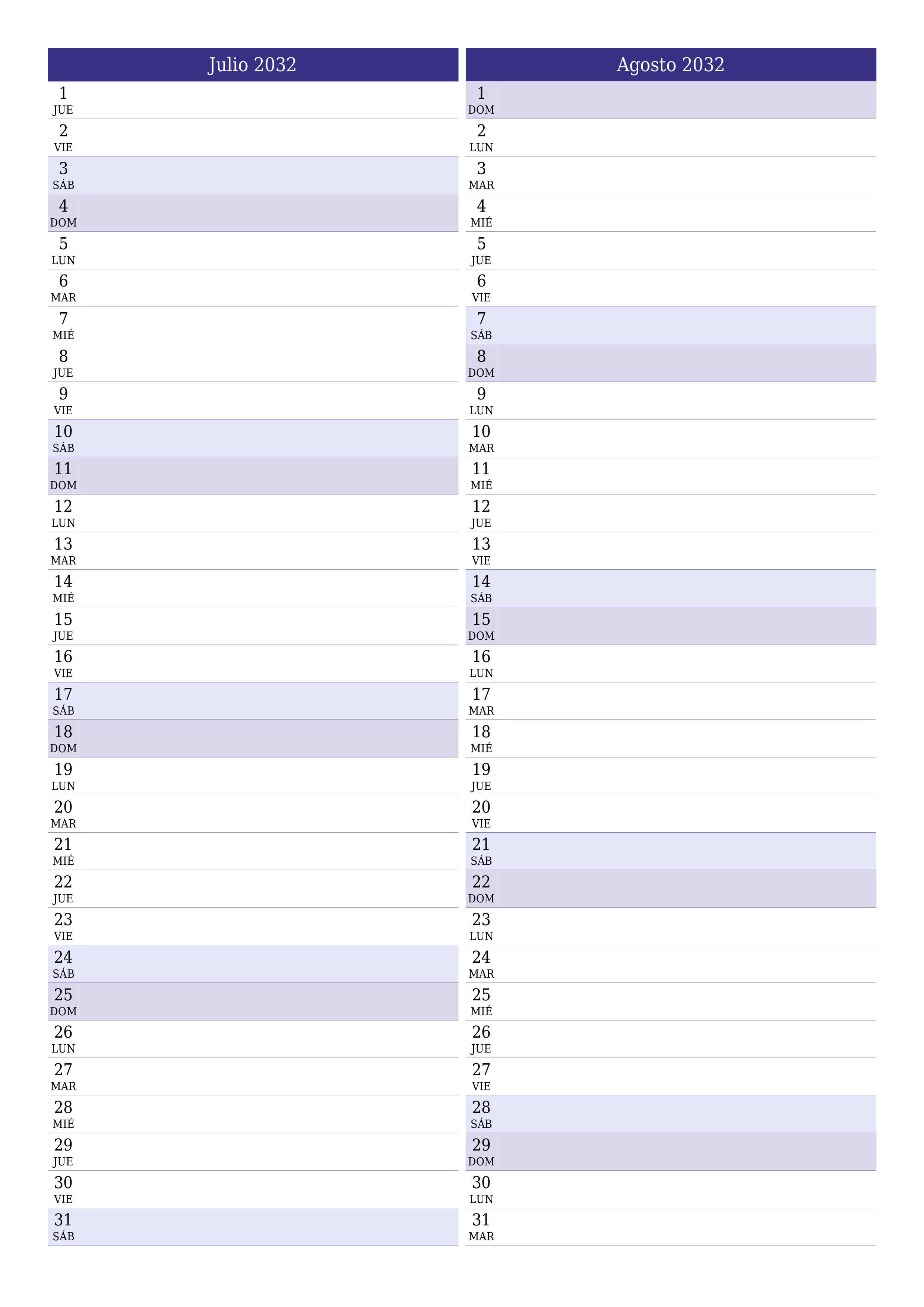  imprimible de pared plantilla de gratisvertical Mensual planificador calendario Julio (Jul) 2032