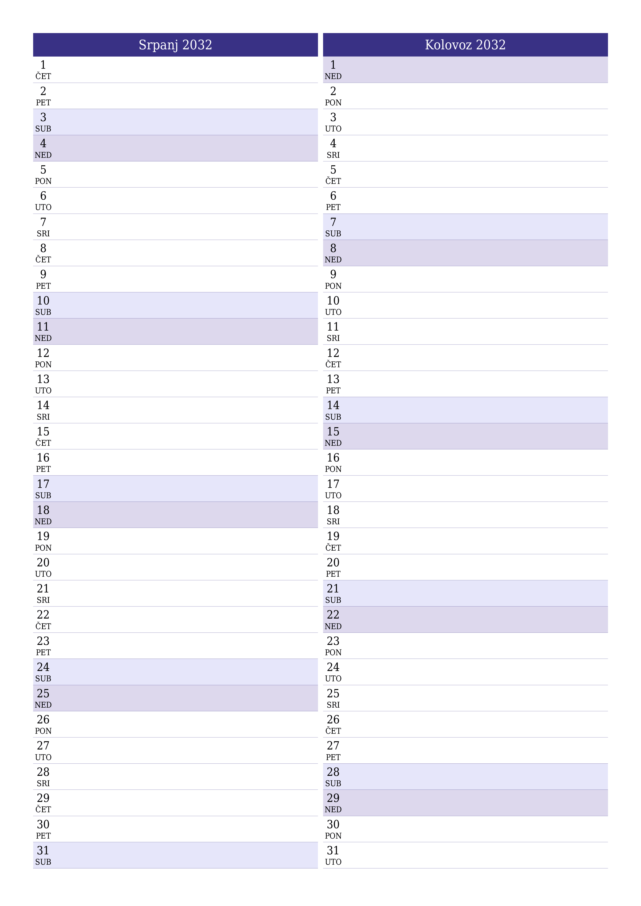  za ispis zidni predložak a besplatni okomito Mjesečni planer kalendar Srpanj (Srp) 2032
