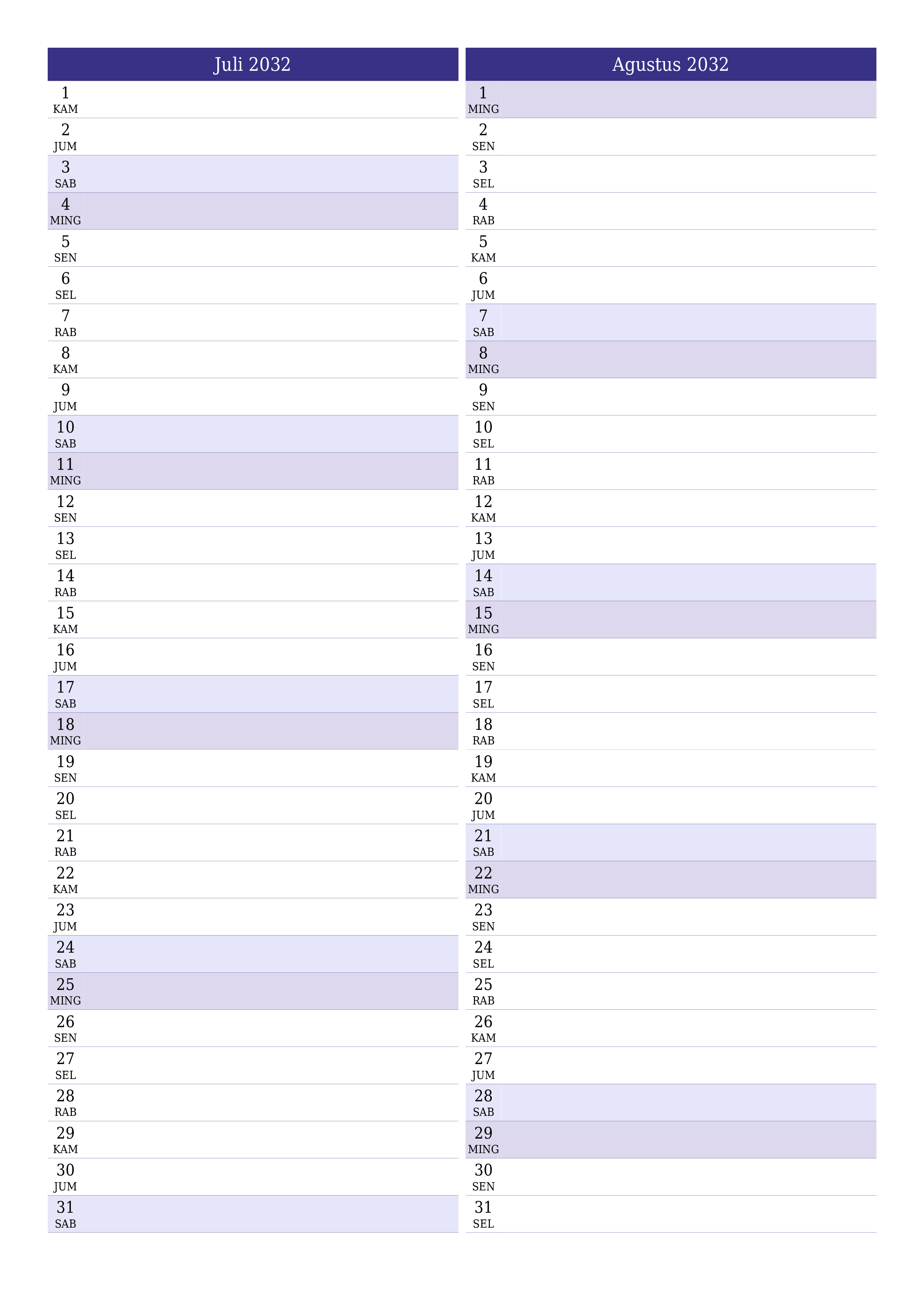  yang dapat dicetak dinding templat gratisvertikal Bulanan perencana kalender Juli (Jul) 2032