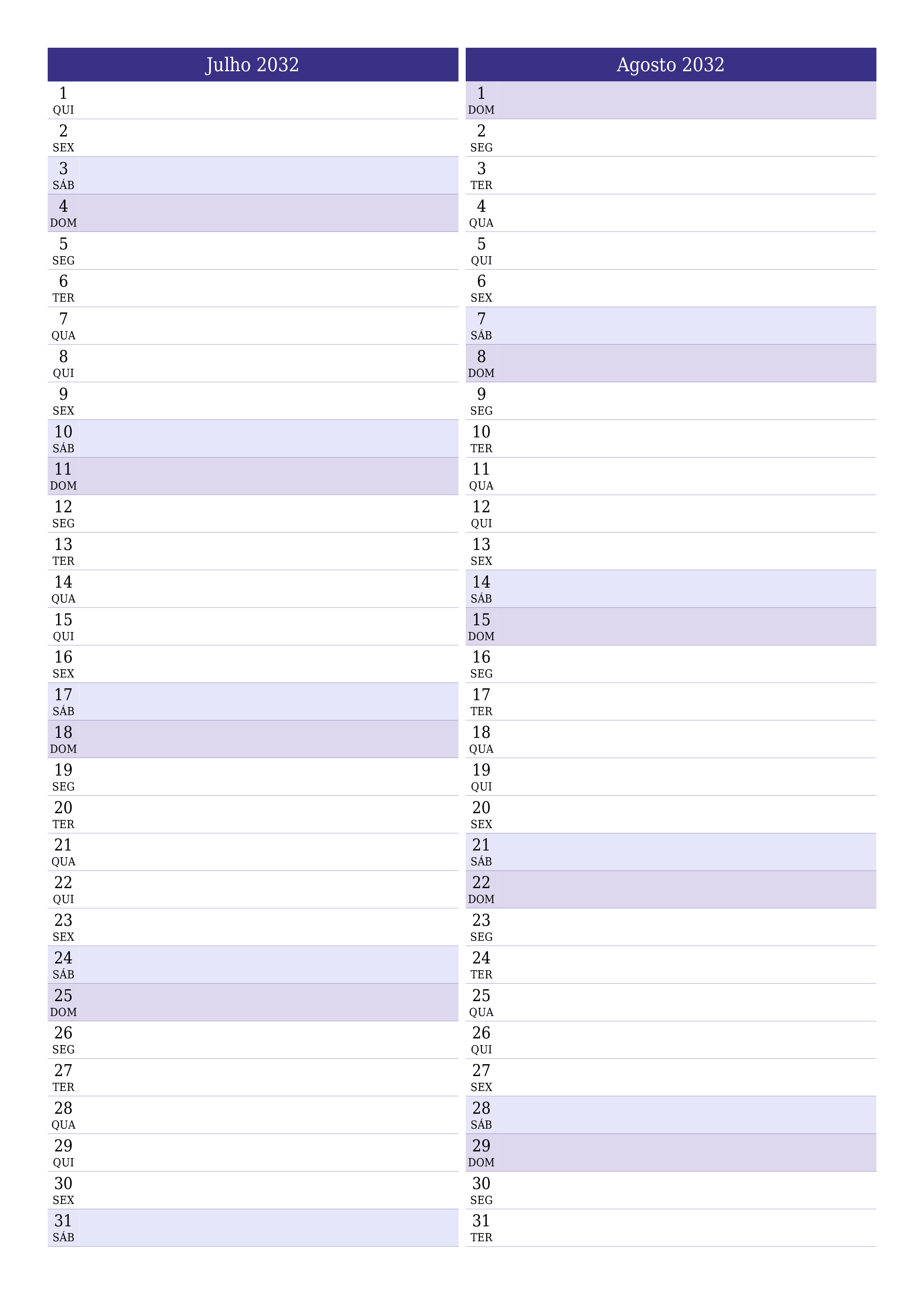  para impressão de parede modelo de grátisvertical Mensal planejador calendário Julho (Jul) 2032