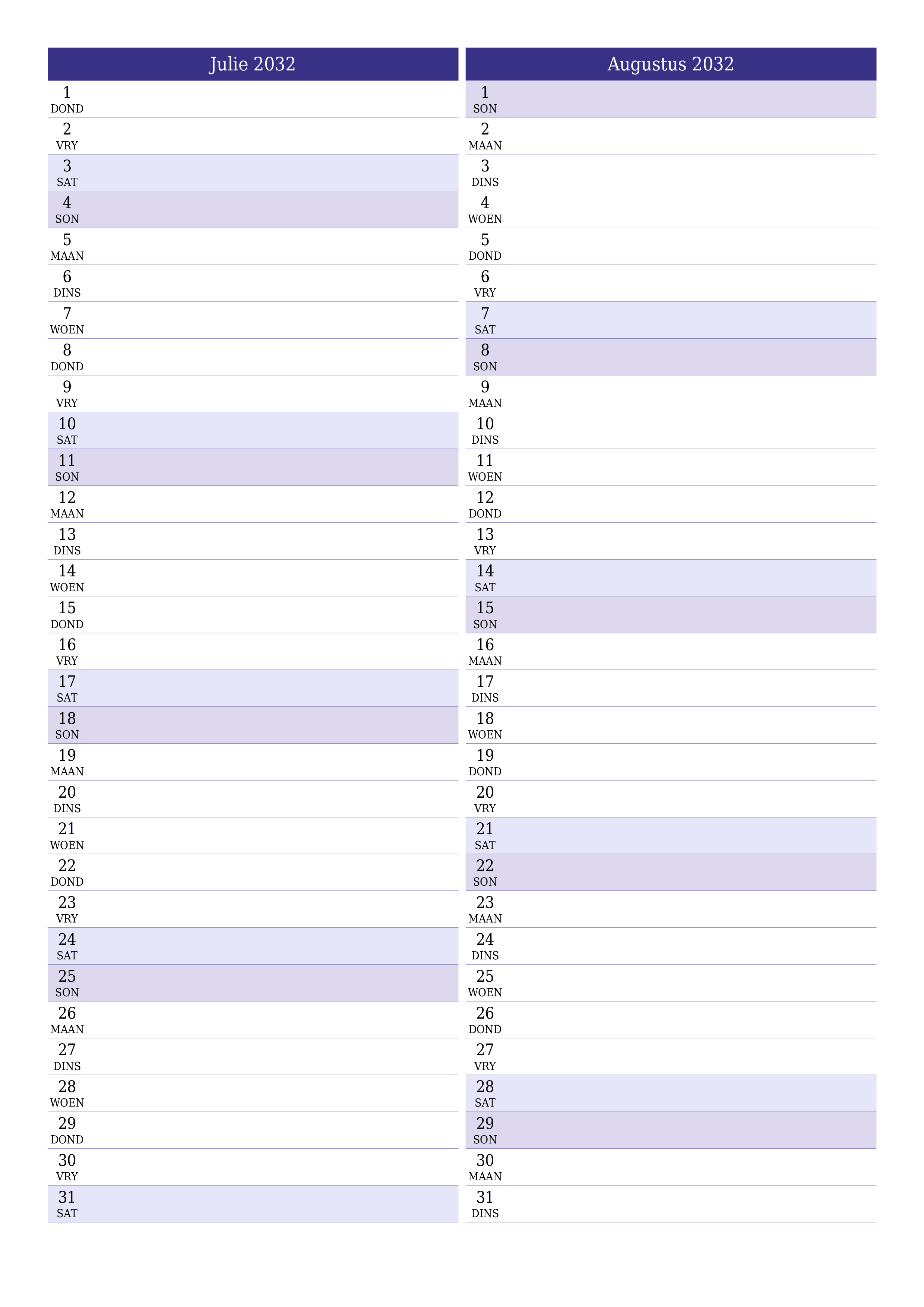 drukbare muur template gratis vertikaal Maandeliks beplanner kalender Julie (Jul) 2032