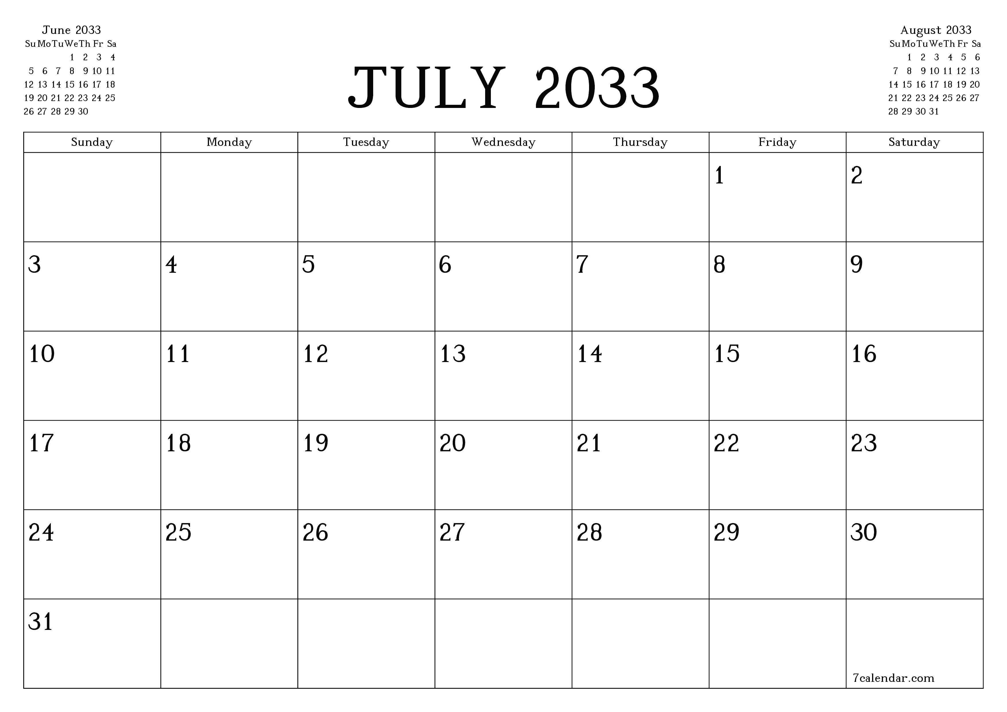 Blank calendar July 2033