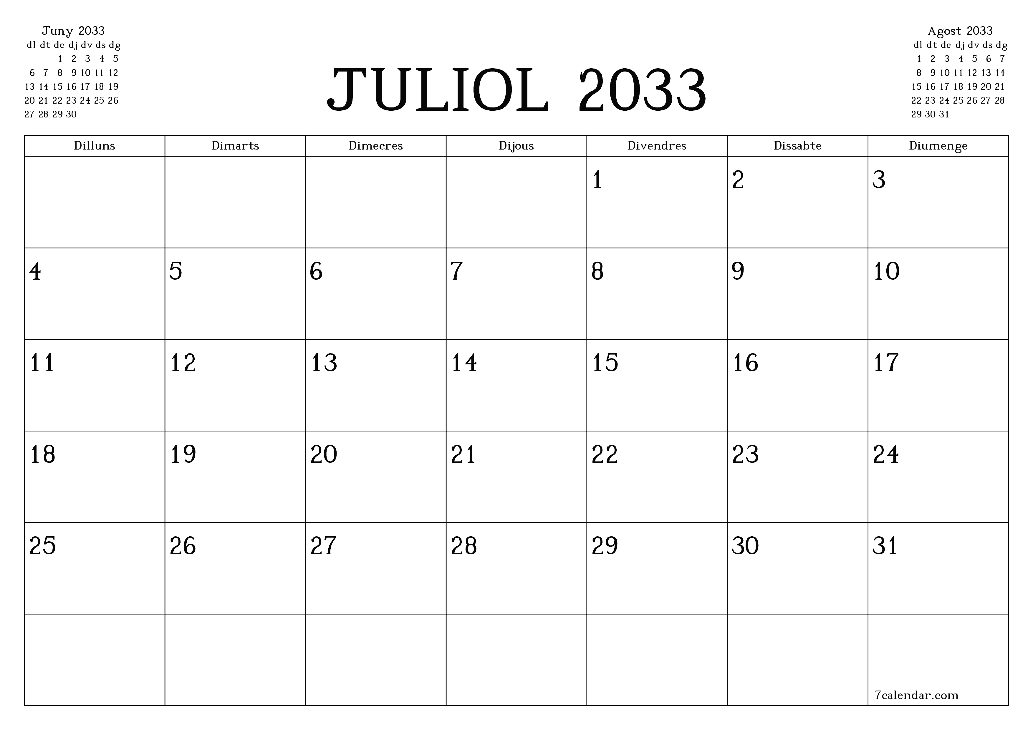 Planificador mensual buit del mes Juliol 2033 amb notes, deseu-lo i imprimiu-lo en format PDF PNG Catalan