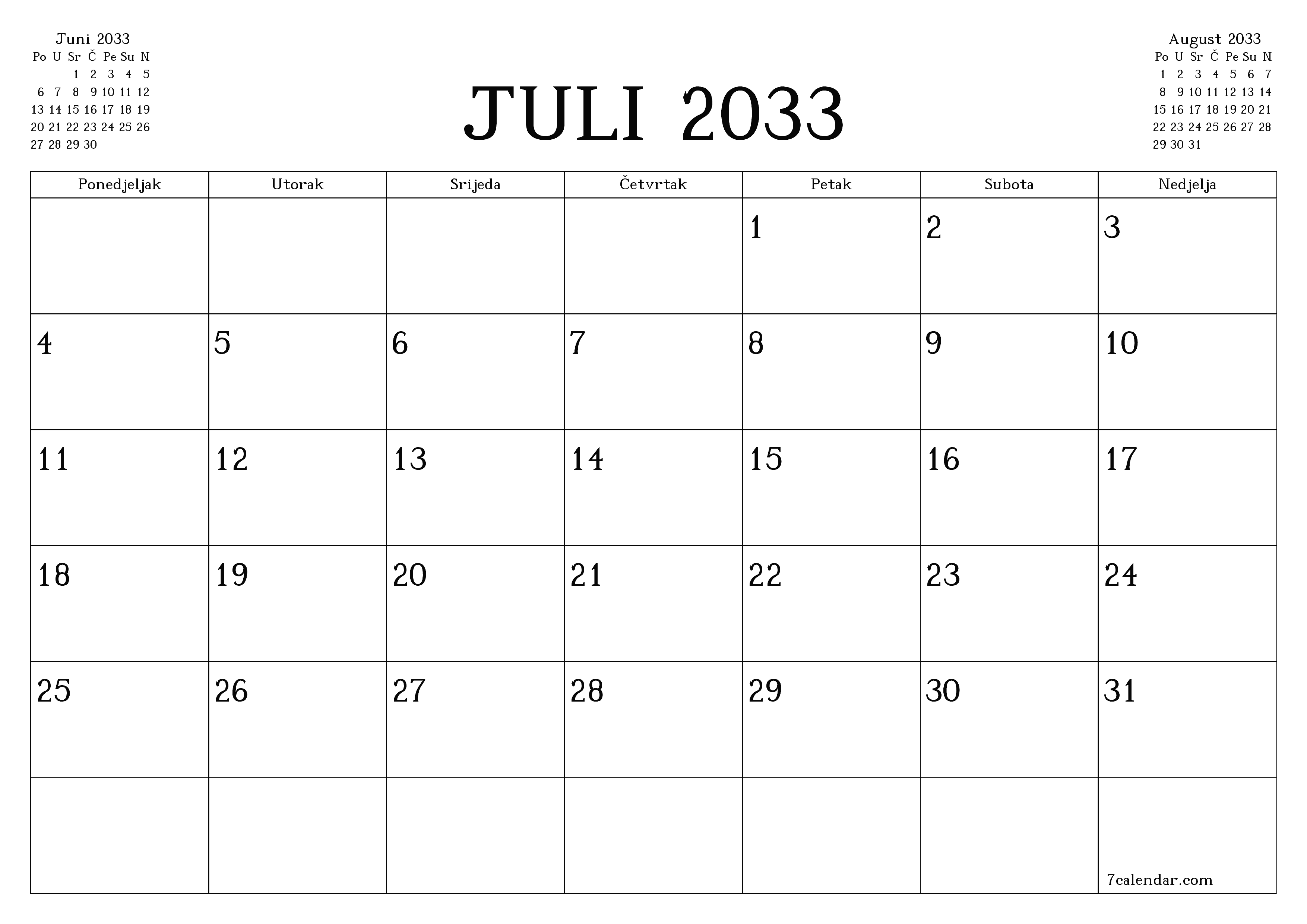Ispraznite mjesečni planer za mjesec Juli 2033 s bilješkama, spremite i ispišite u PDF PNG Bosnian