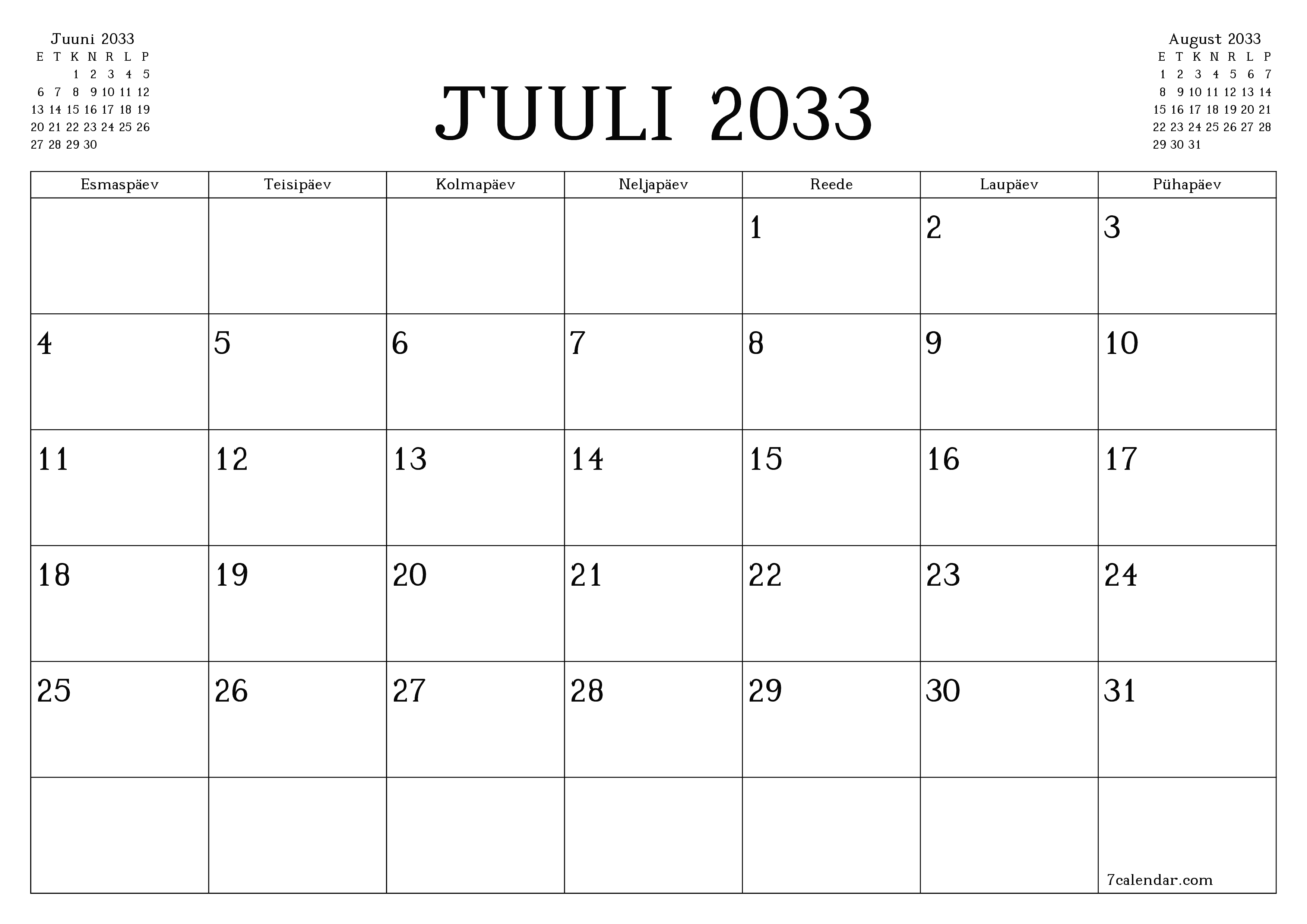 Tühjendage kuu Juuli 2033 kuuplaneerija märkmetega, salvestage ja printige PDF-i PNG Estonian