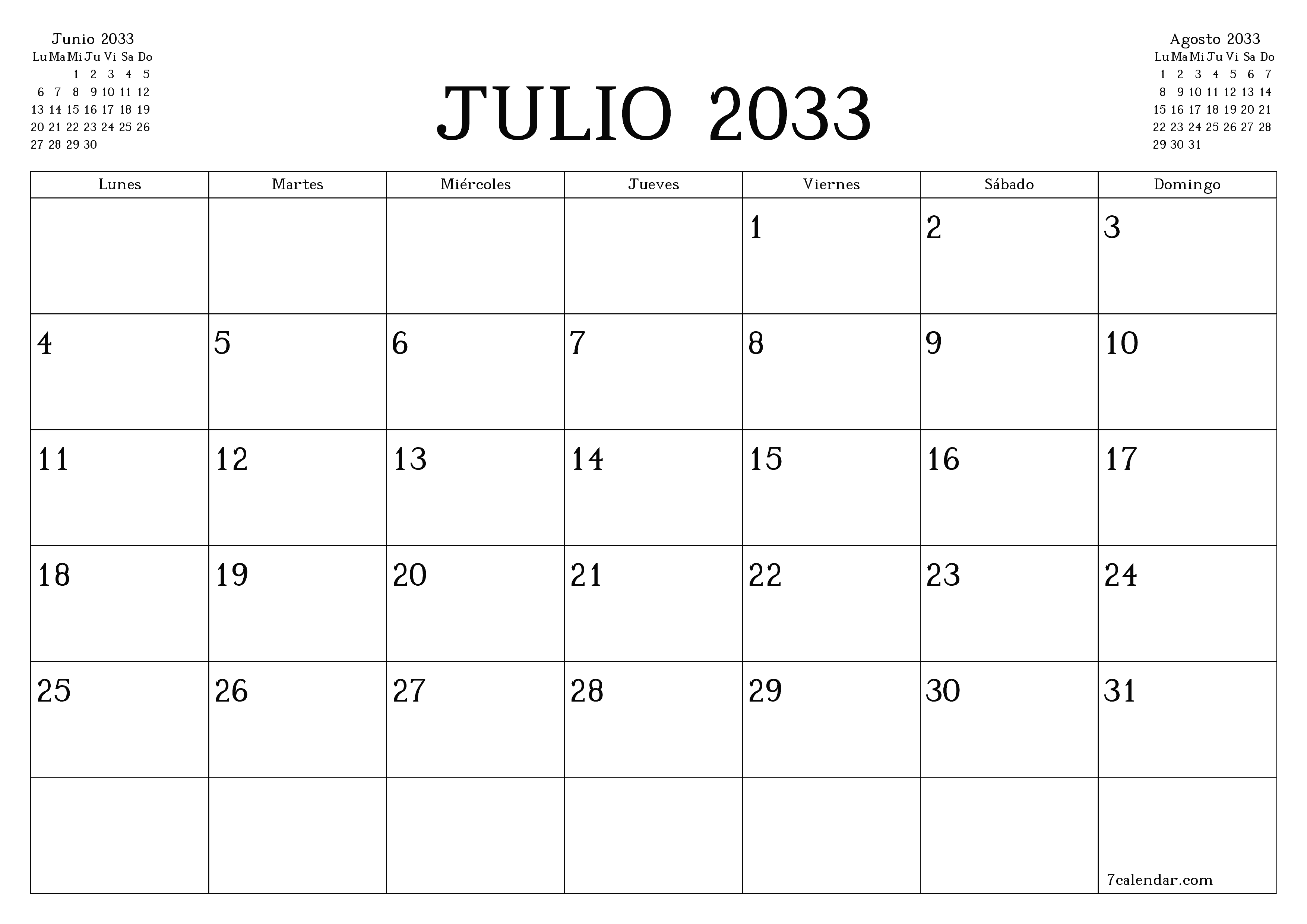 Planificador mensual vacío para el mes Julio 2033 con notas, guardar e imprimir en PDF PNG Spanish