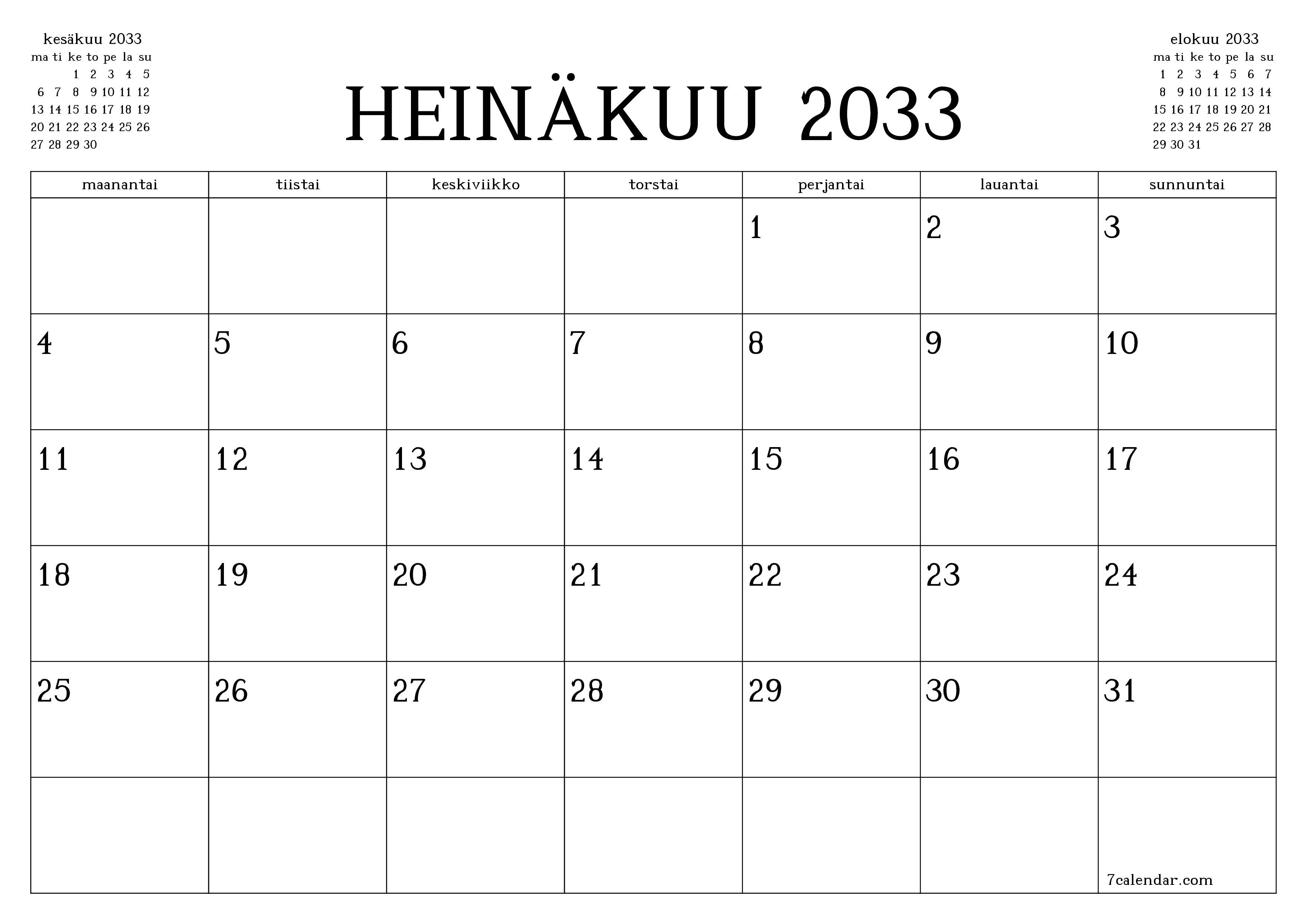 Tyhjennä kuukausittainen suunnittelija kuukaudelle Heinäkuu 2033 muistiinpanoilla, tallenna ja tulosta PDF-muotoon PNG Finnish