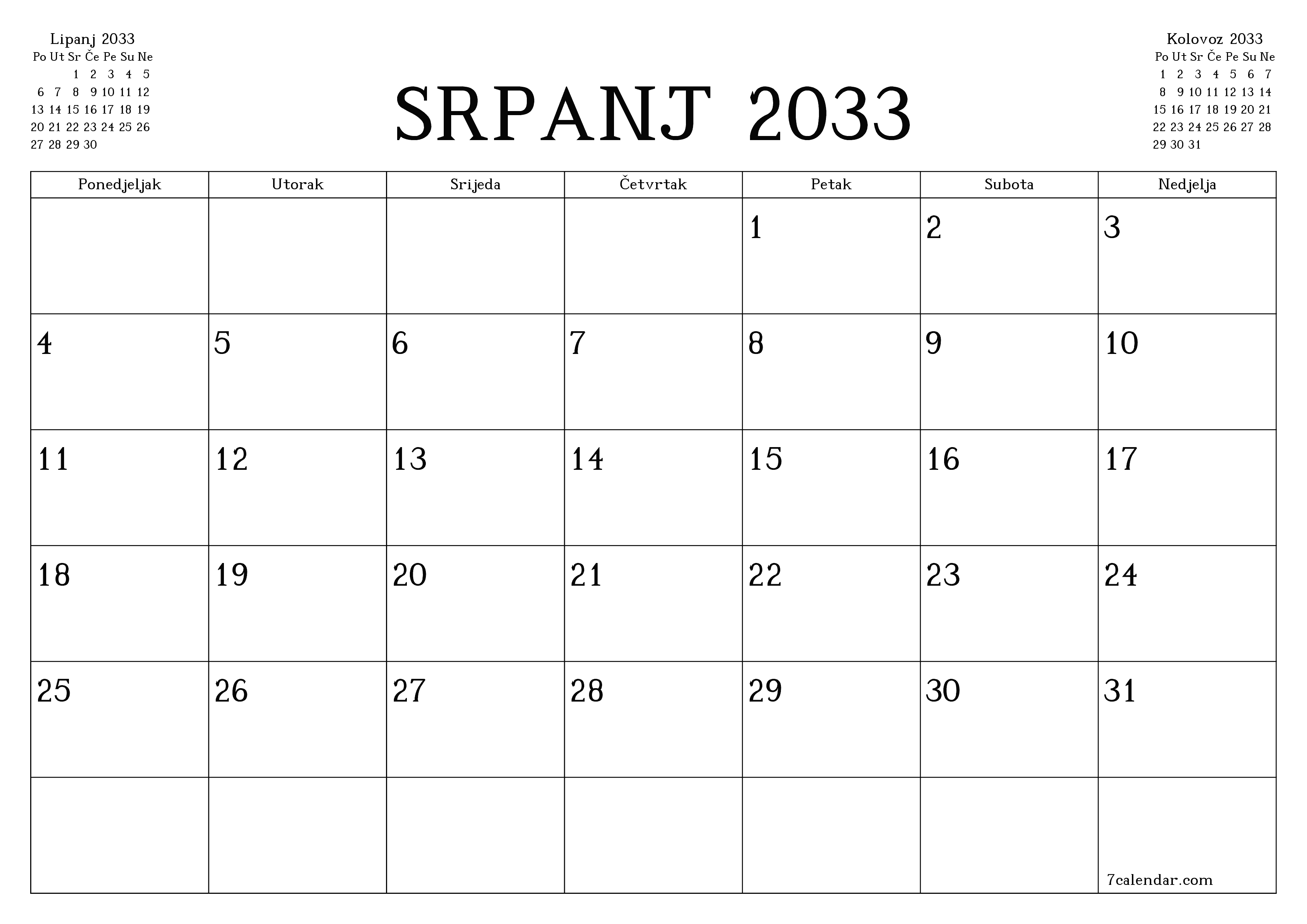 Ispraznite mjesečni planer za mjesec Srpanj 2033 s bilješkama, spremite i ispišite u PDF PNG Croatian