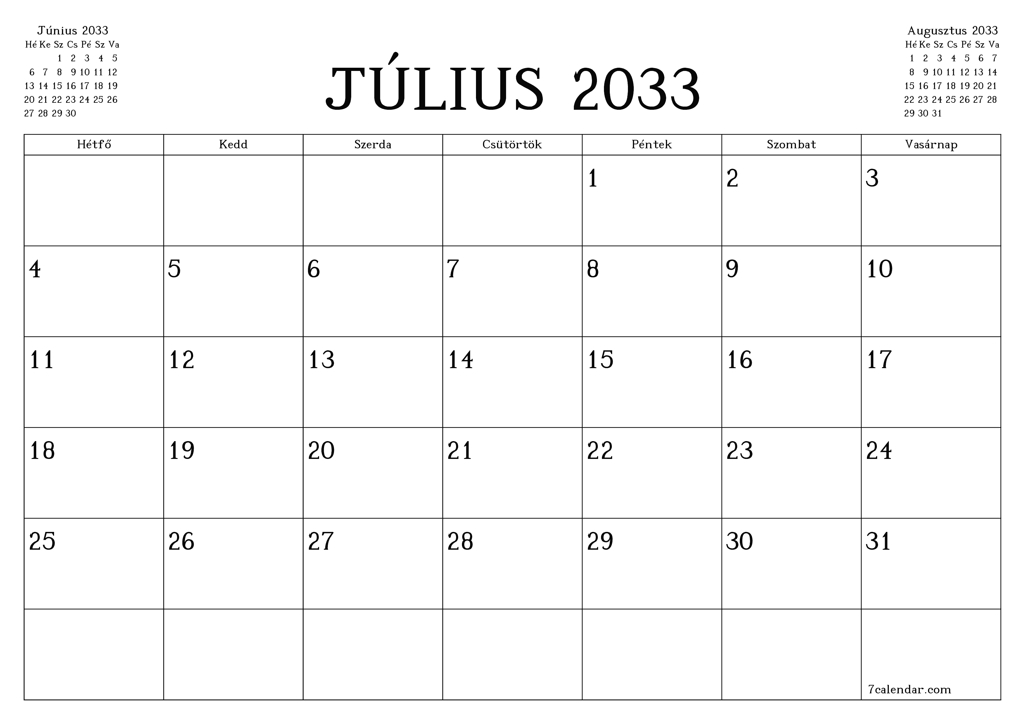 Üres havi tervező a Július 2033 hónapra jegyzetekkel, mentés és nyomtatás PDF-be PNG Hungarian