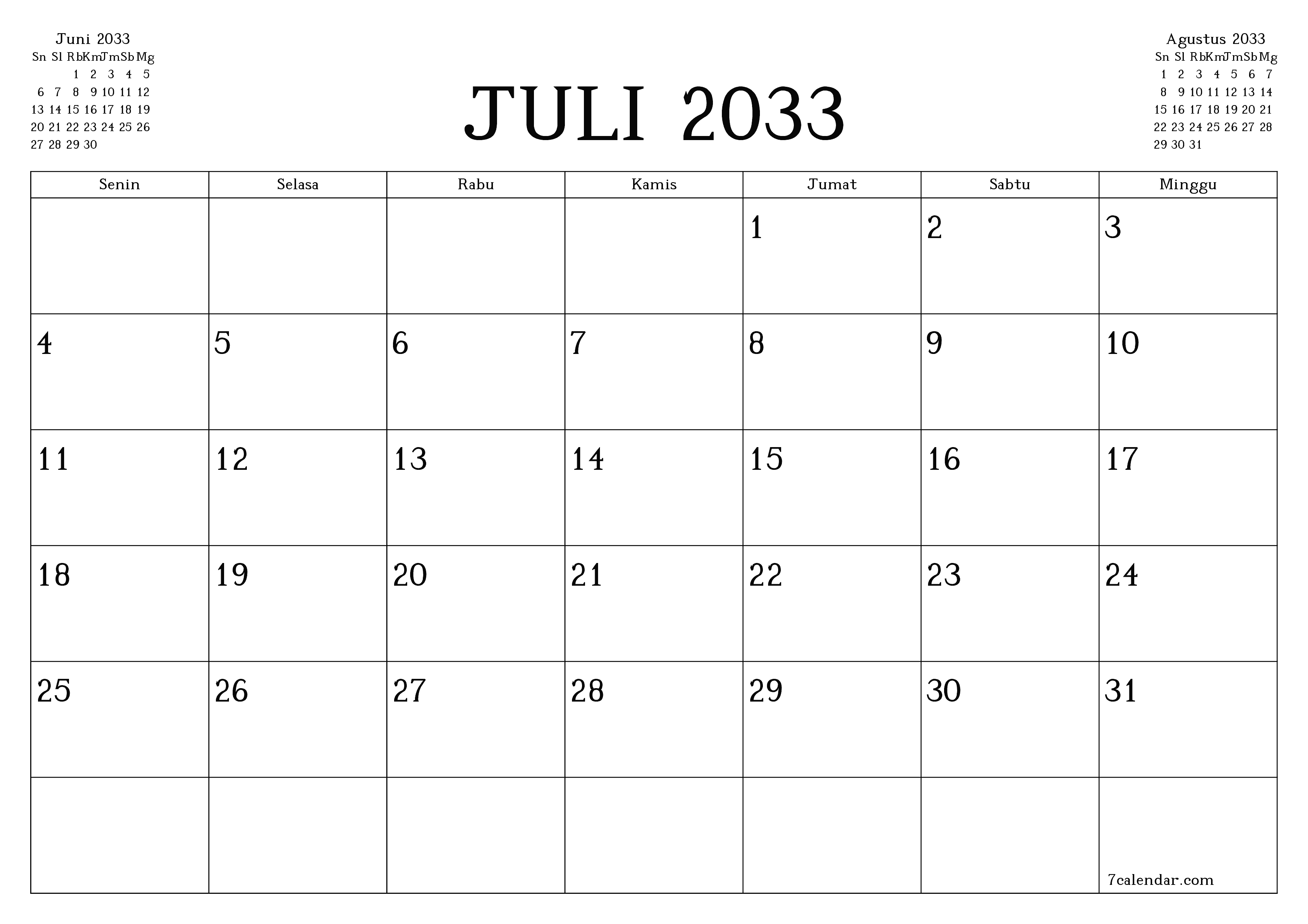 Kosongkan agenda bulanan untuk bulan Juli 2033 dengan catatan, simpan dan cetak ke PDF PNG Indonesian