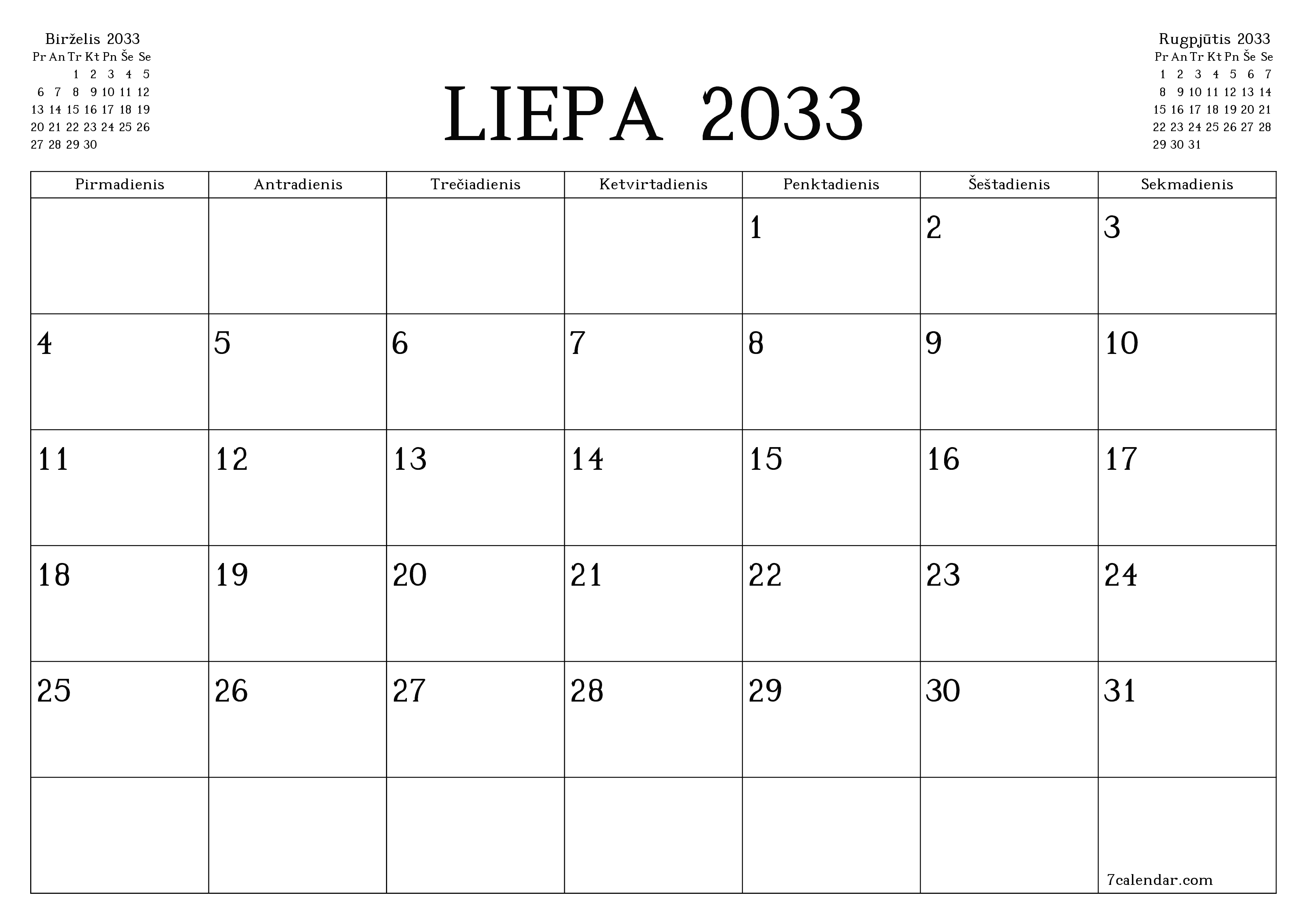 Ištuštinti mėnesio Liepa 2033 mėnesio planavimo priemonę su užrašais, išsaugoti ir atsispausdinti PDF formate PNG Lithuanian