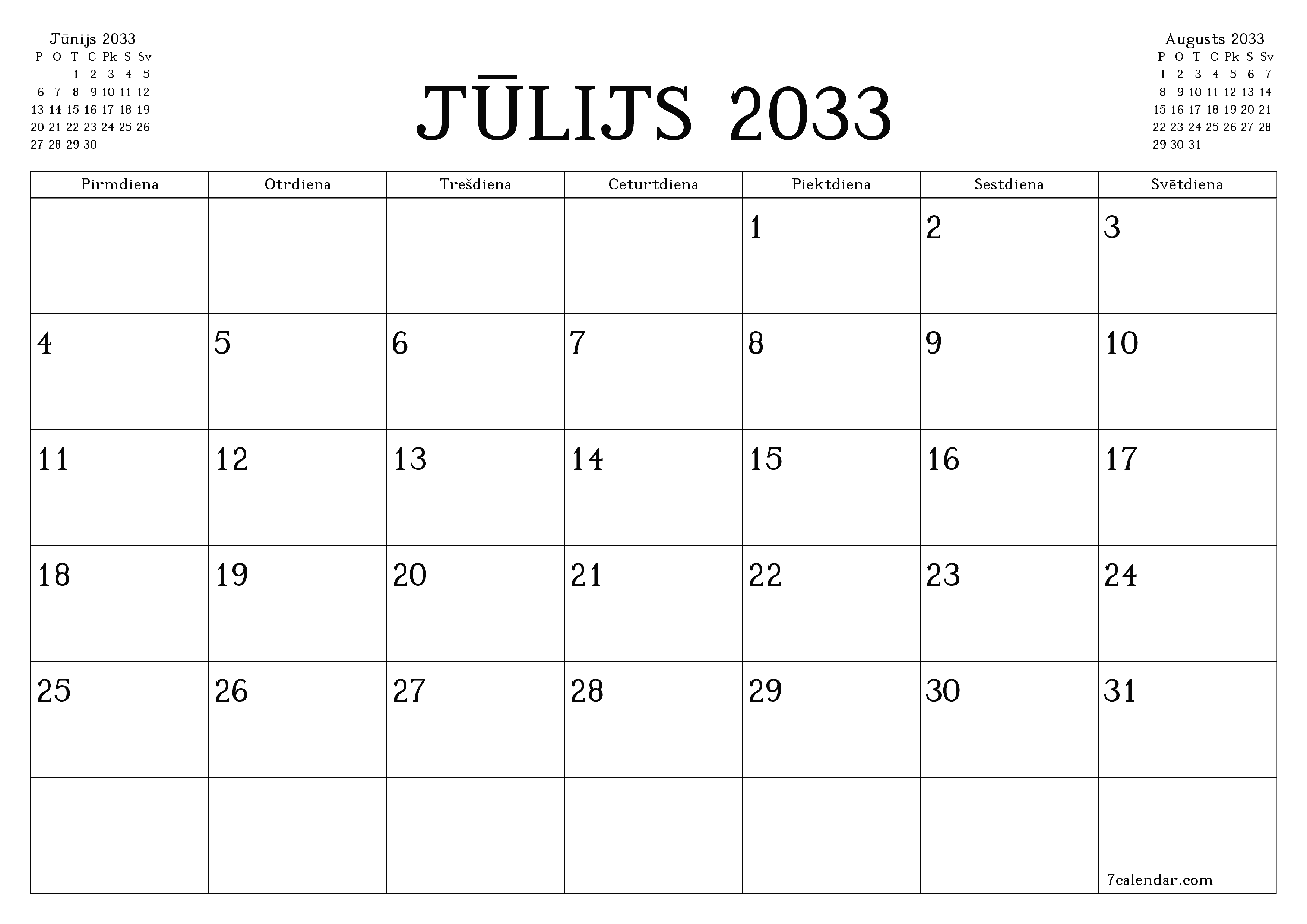Iztukšot mēneša plānotāju mēnesim Jūlijs 2033 ar piezīmēm, saglabāt un izdrukāt PDF formātā PNG Latvian