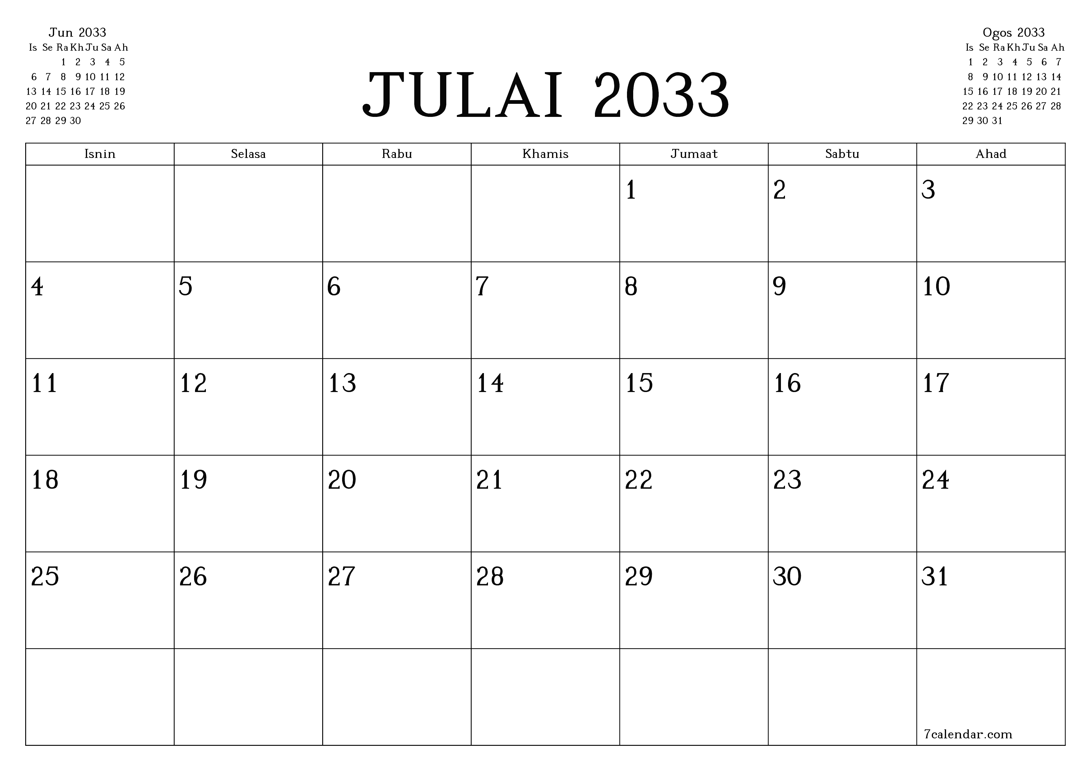 Perancang bulanan kosong untuk bulan Julai 2033 dengan nota, simpan dan cetak ke PDF PNG Malay
