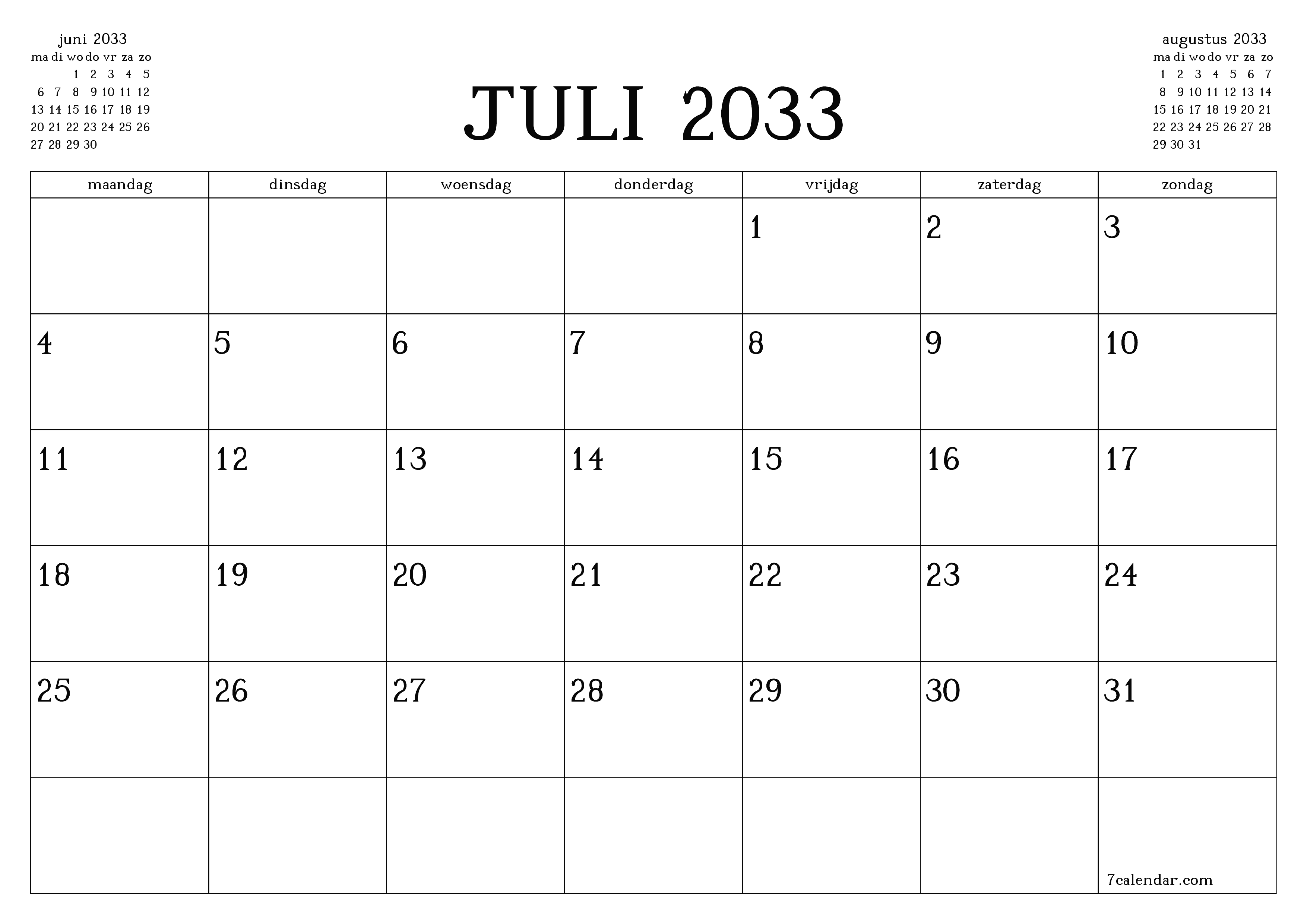 Lege maandplanner voor maand juli 2033 met notities, opslaan en afdrukken naar pdf PNG Dutch