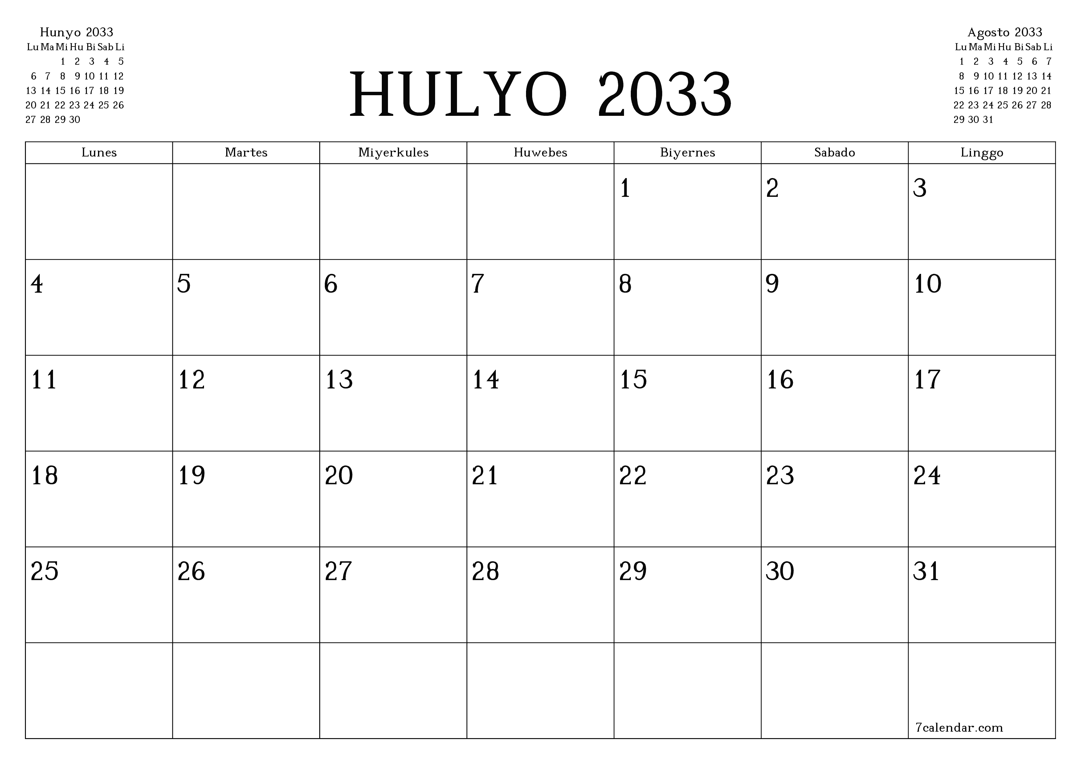 Walang laman na buwanang tagaplano para sa buwan na Hulyo 2033 na may mga tala, i-save at i-print sa PDF PNG Filipino