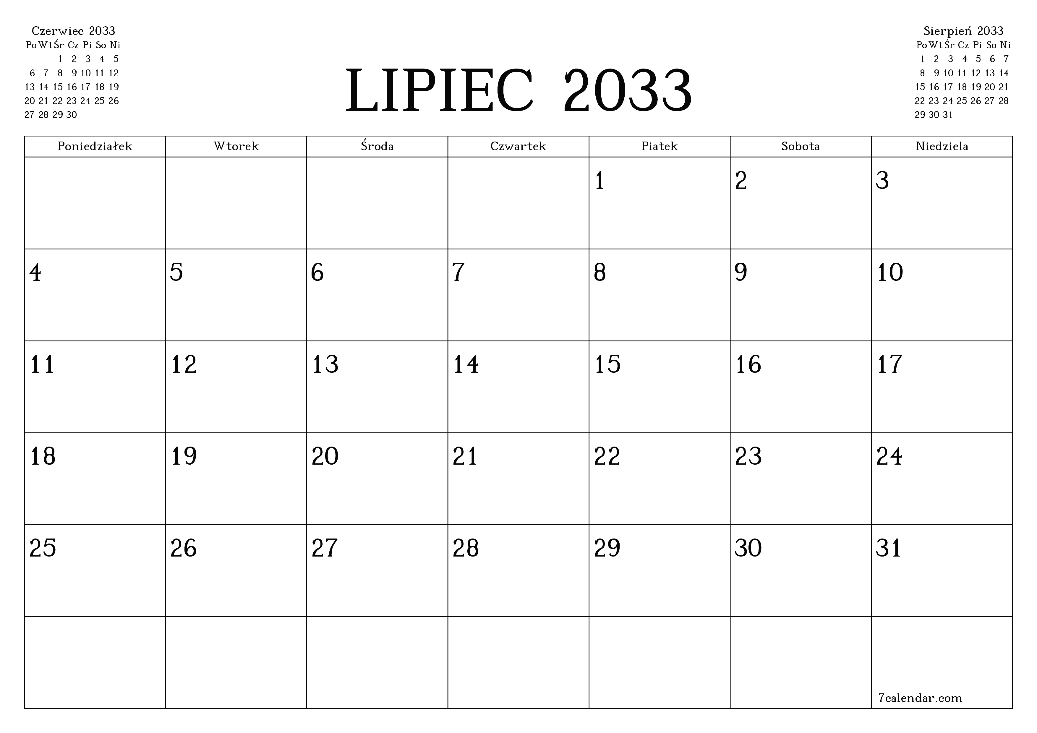 Opróżnij miesięczny planer na miesiąc Lipiec 2033 z notatkami, zapisz i wydrukuj w formacie PDF PNG Polish