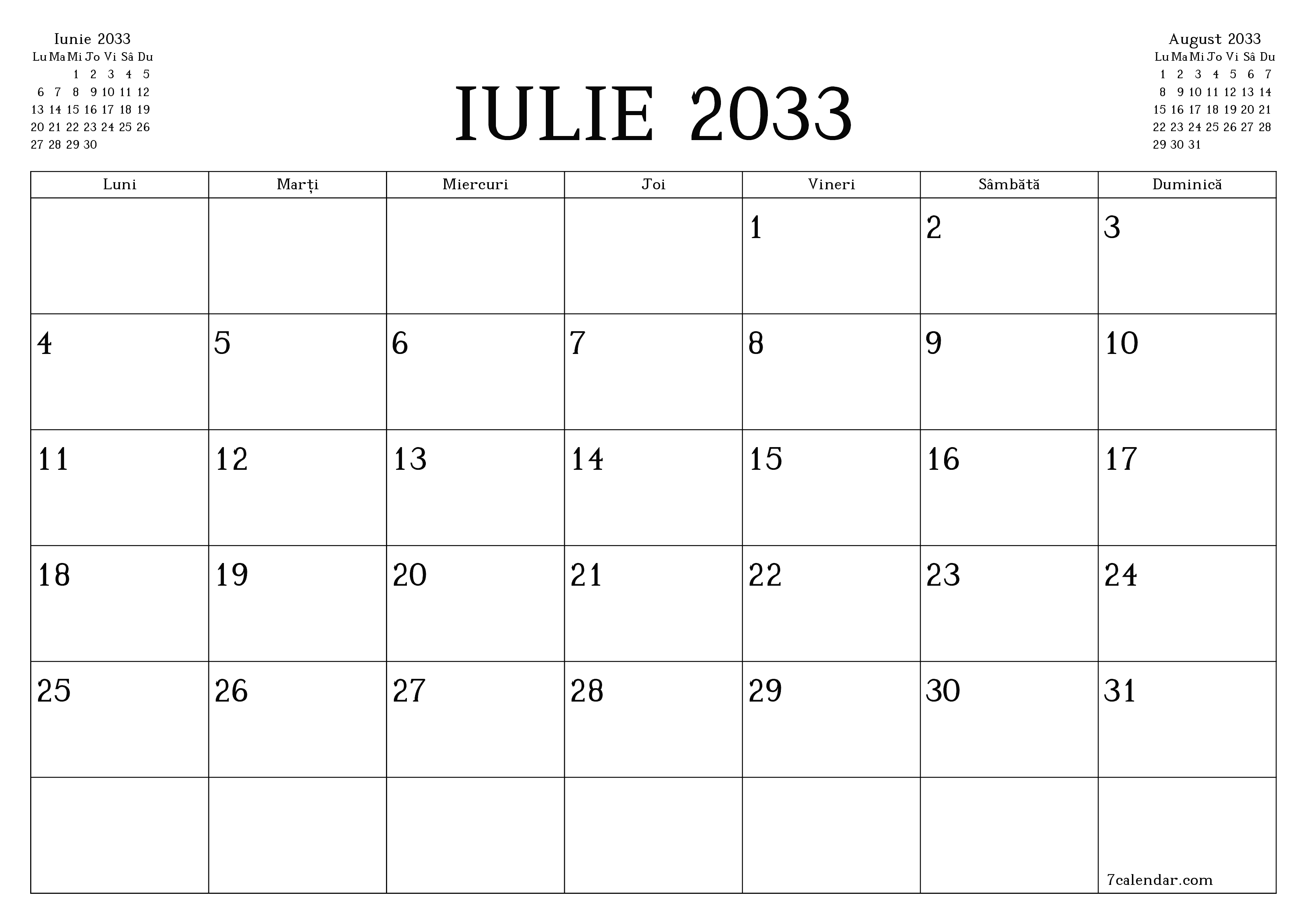 Planificator lunar gol pentru luna Iulie 2033 cu note, salvați și tipăriți în PDF PNG Romanian