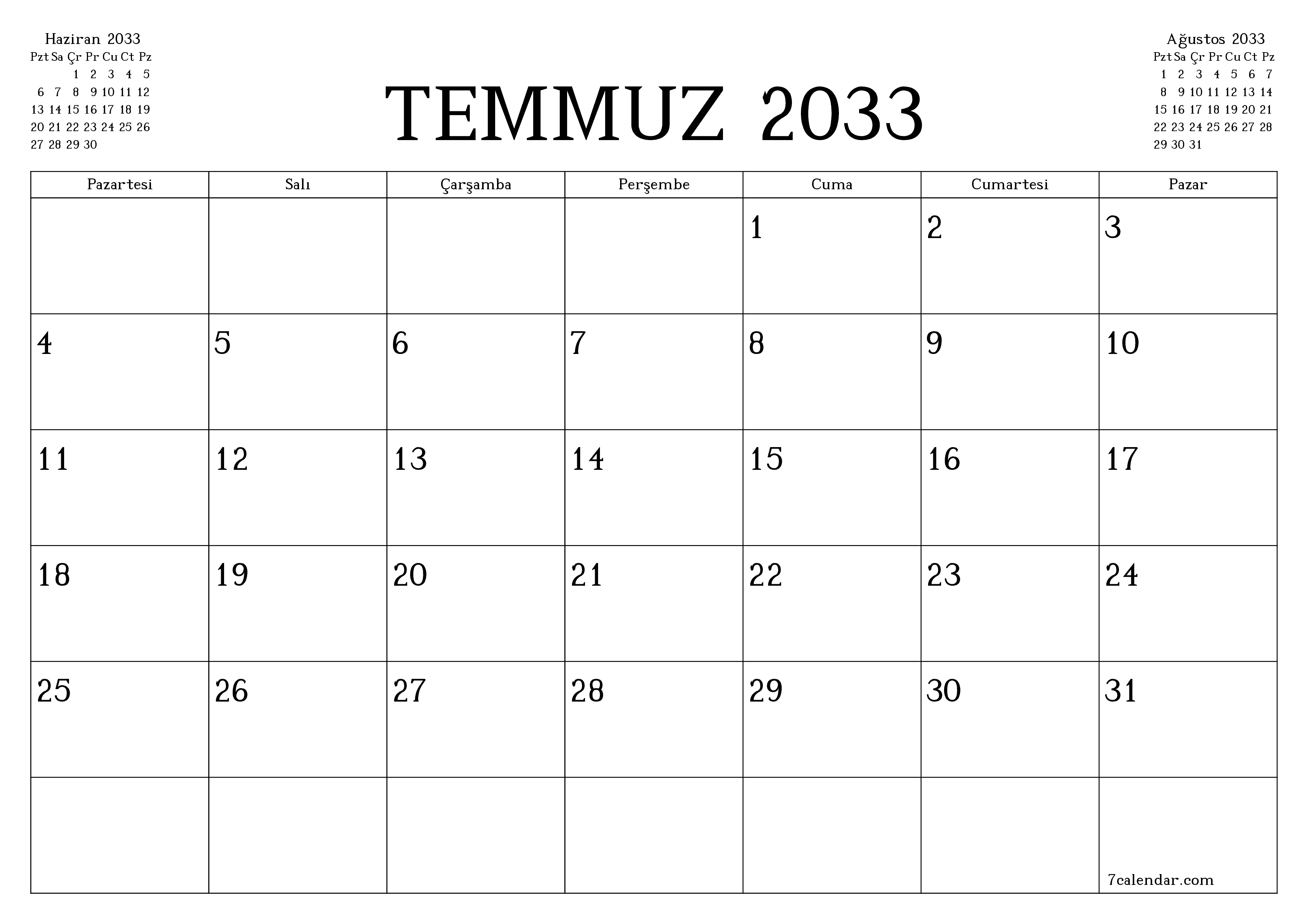 Temmuz 2033 ayı için notlarla birlikte boş aylık planlayıcı, kaydedin ve PDF'ye yazdırın PNG Turkish