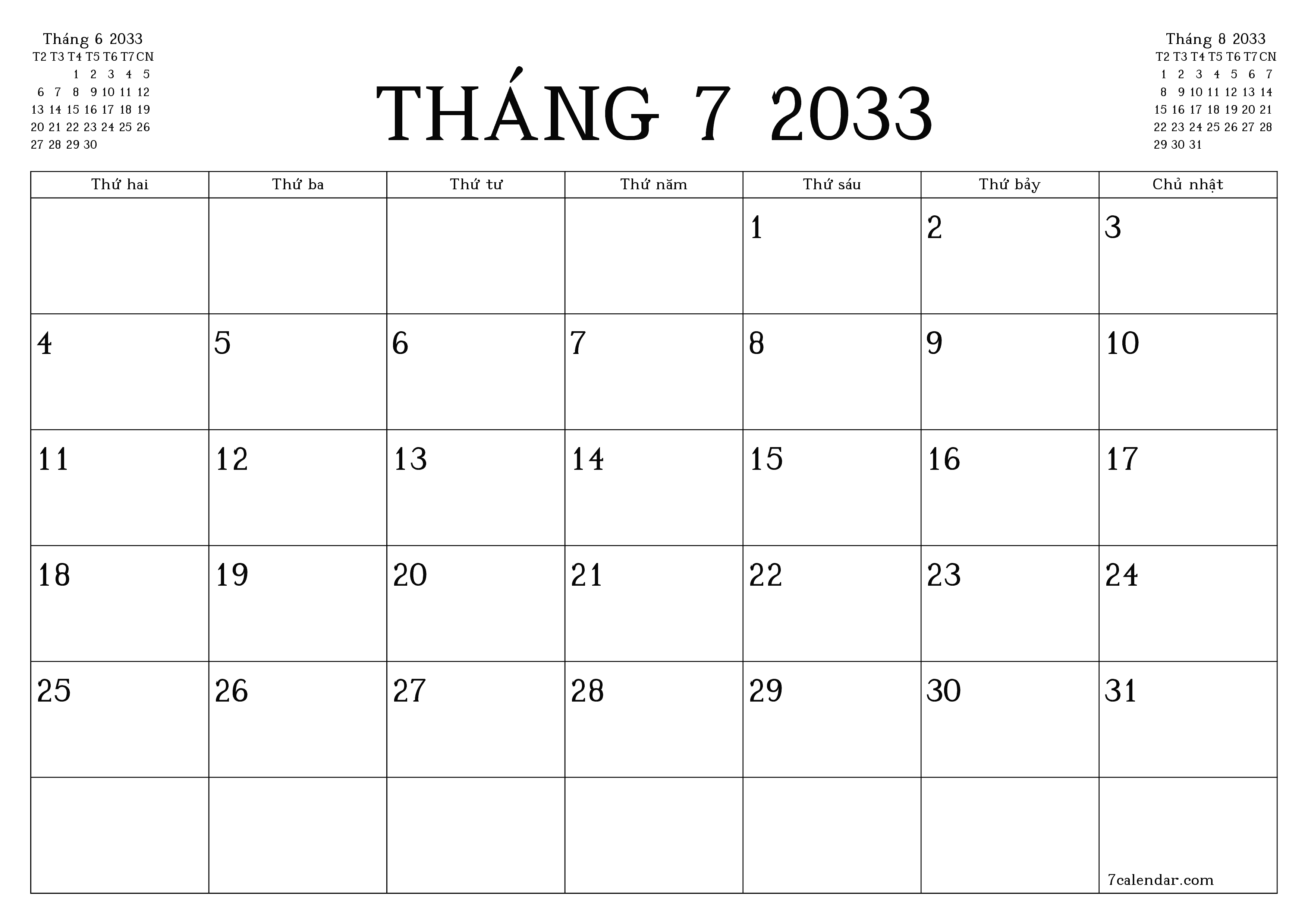 Công cụ lập kế hoạch hàng tháng trống cho tháng Tháng 7 2033 có ghi chú, lưu và in sang PDF PNG Vietnamese