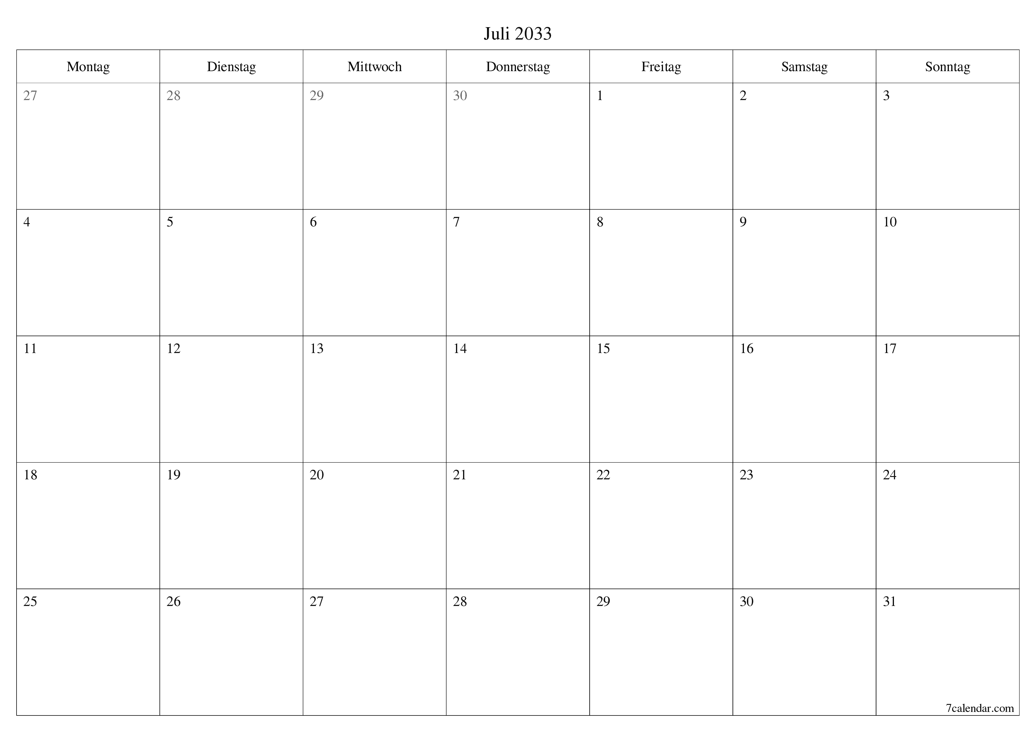 Monatsplaner für Monat Juli 2033 mit Notizen leeren, speichern und als PDF PNG German - 7calendar.com drucken