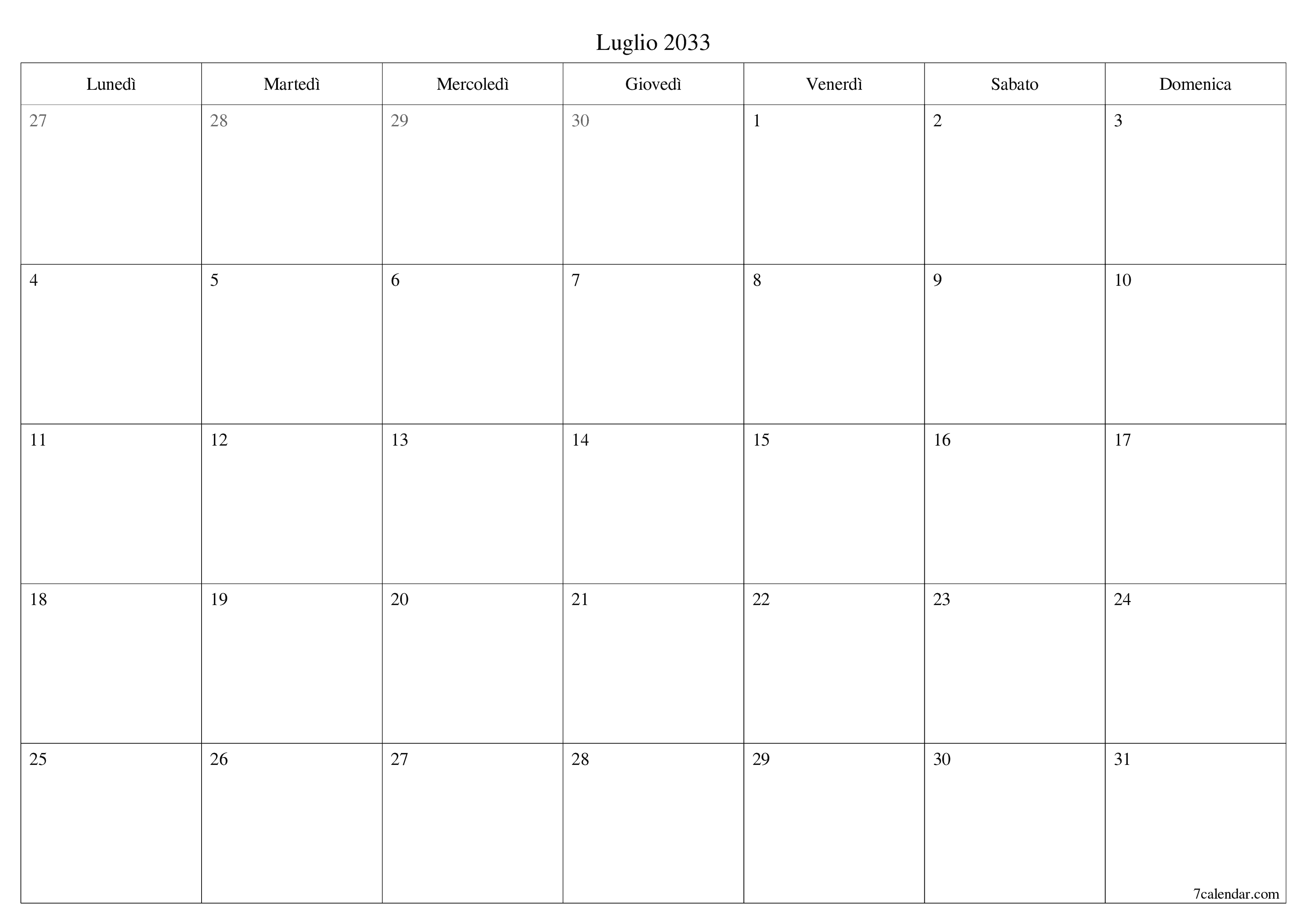 Pianificatore mensile vuoto per il mese Luglio 2033 con note, salva e stampa in PDF PNG Italian