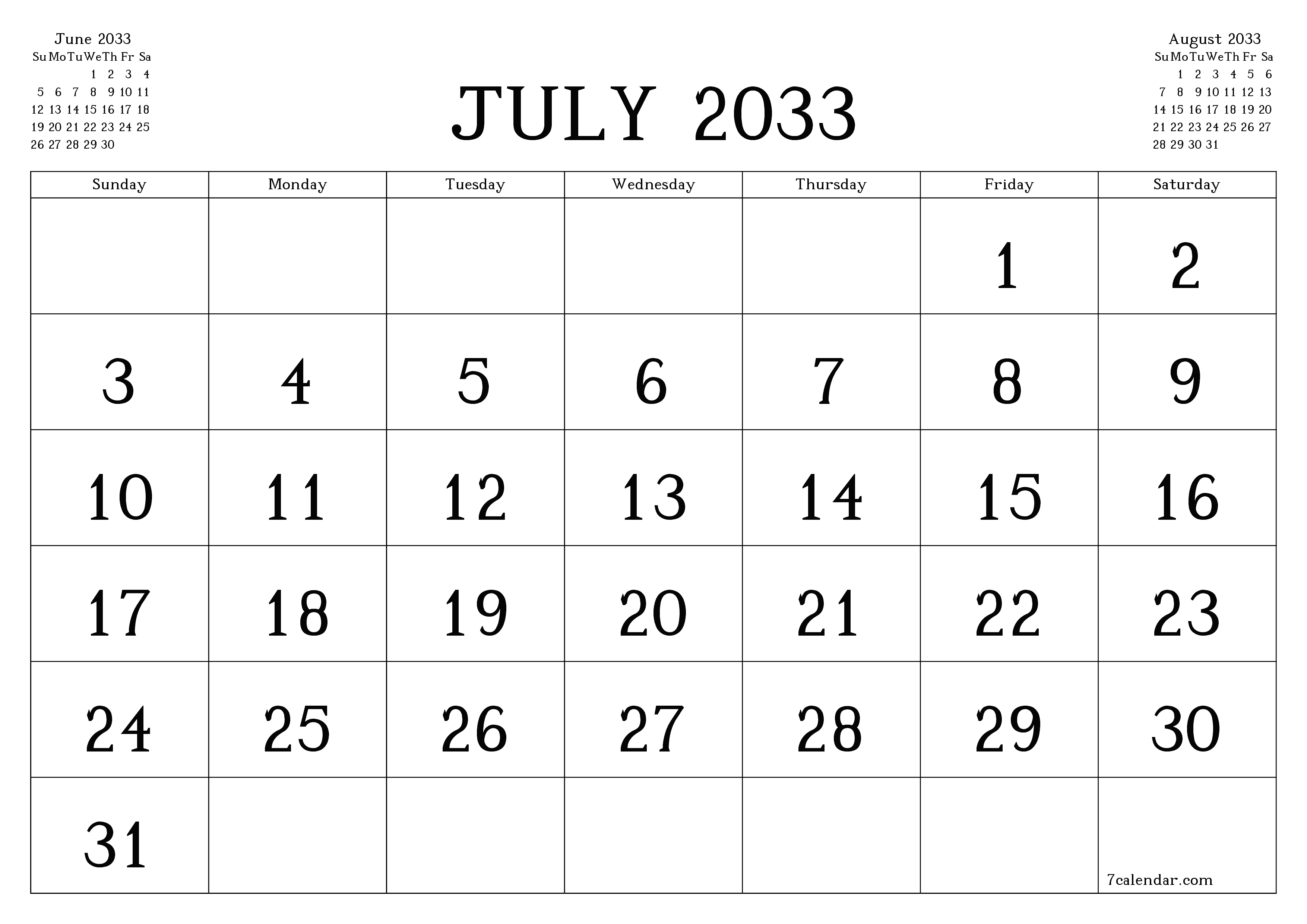 Blank calendar July 2033