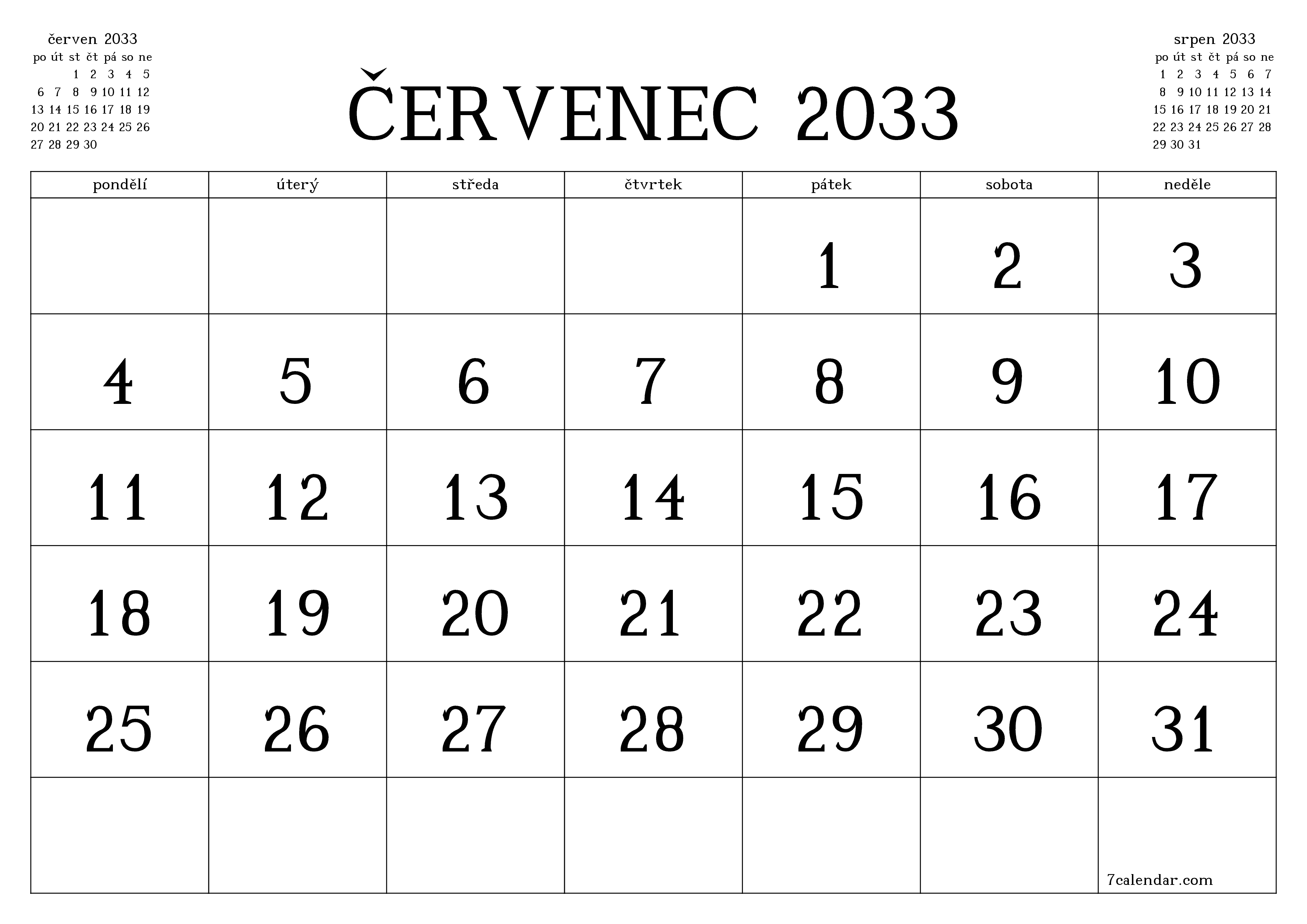 Vyprázdnit měsíční plánovač na měsíc červenec 2033 s poznámkami, uložit a vytisknout do PDF PNG Czech
