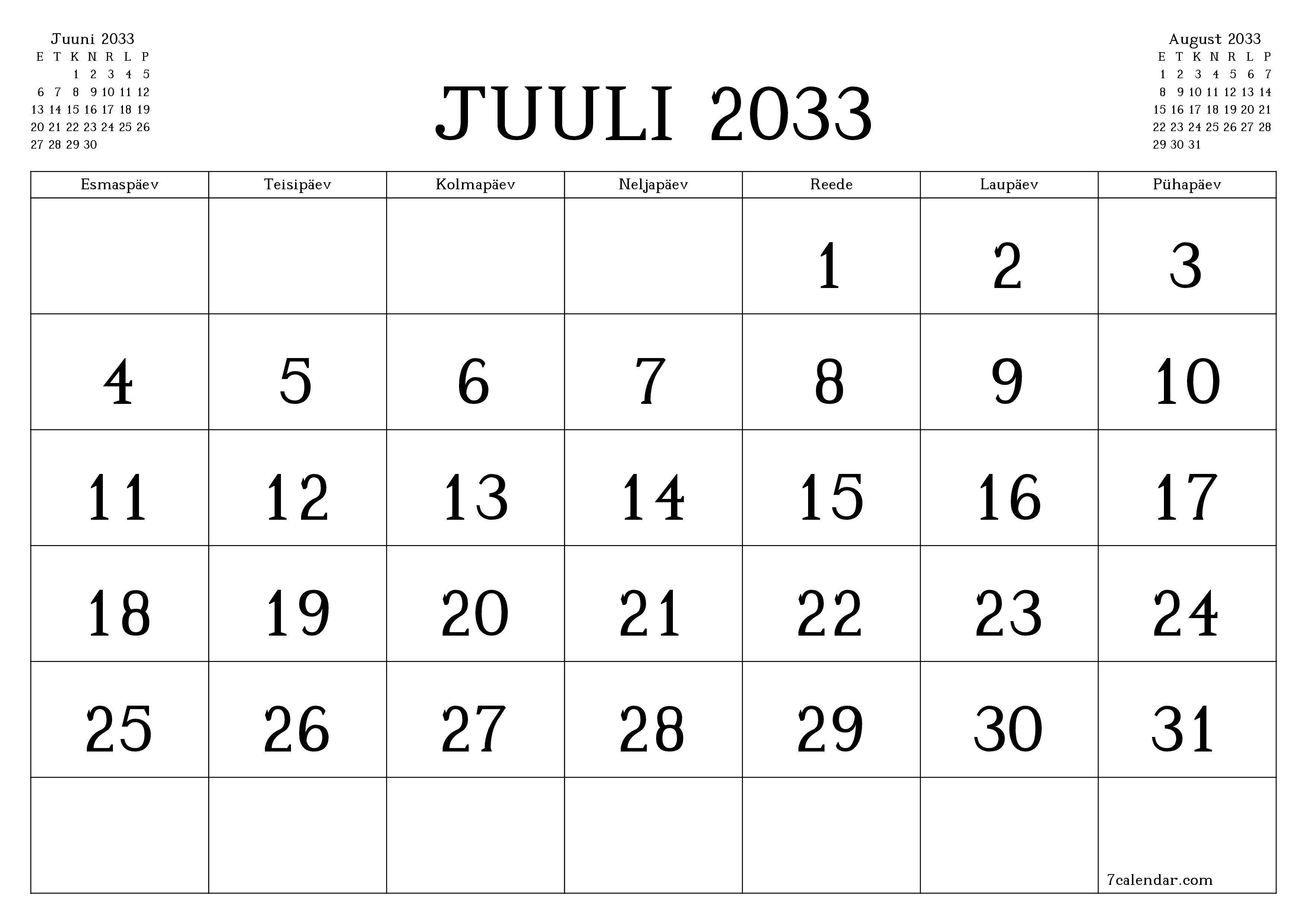 Tühjendage kuu Juuli 2033 kuuplaneerija märkmetega, salvestage ja printige PDF-i PNG Estonian
