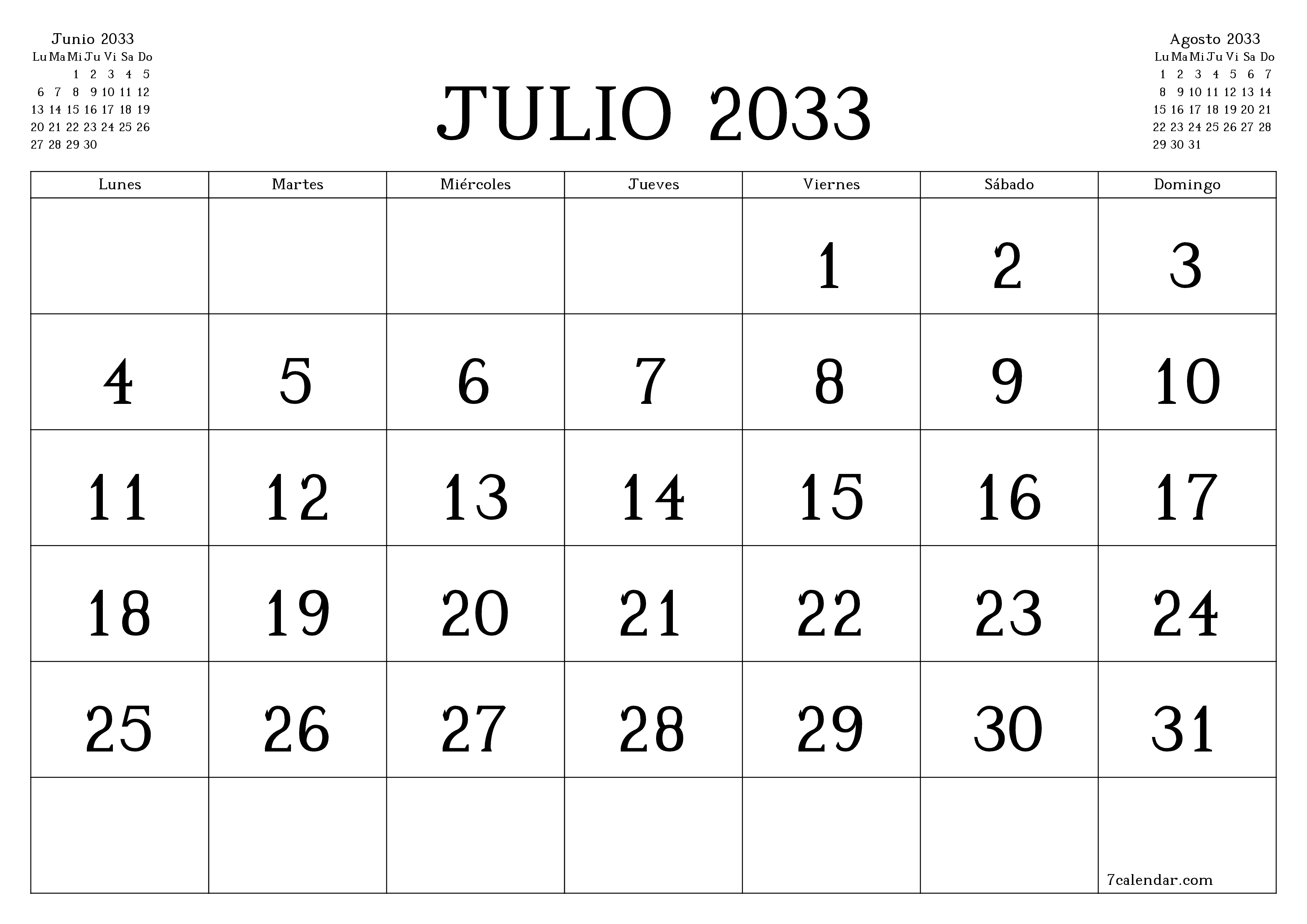 Planificador mensual vacío para el mes Julio 2033 con notas, guardar e imprimir en PDF PNG Spanish