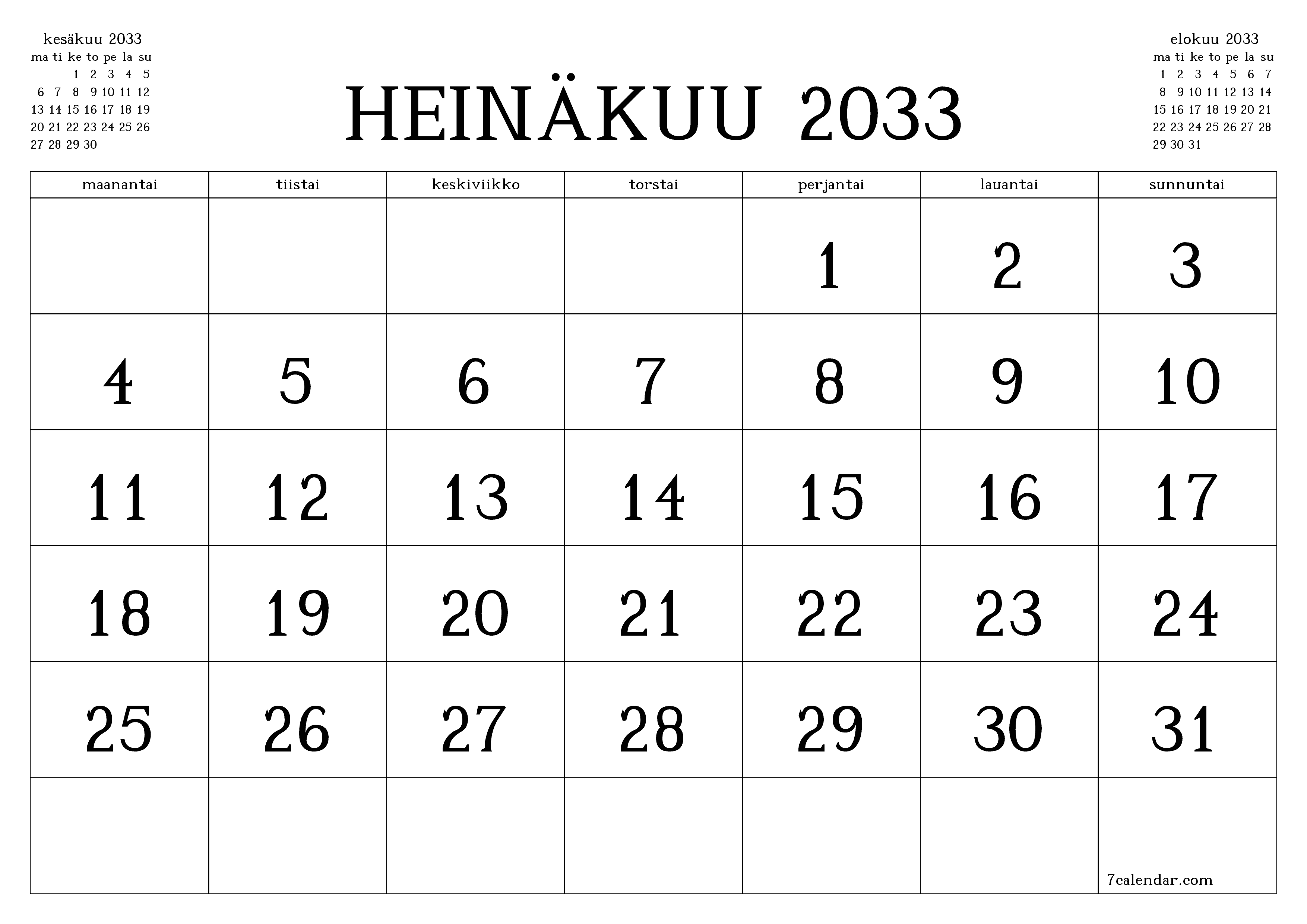Tyhjennä kuukausittainen suunnittelija kuukaudelle Heinäkuu 2033 muistiinpanoilla, tallenna ja tulosta PDF-muotoon PNG Finnish