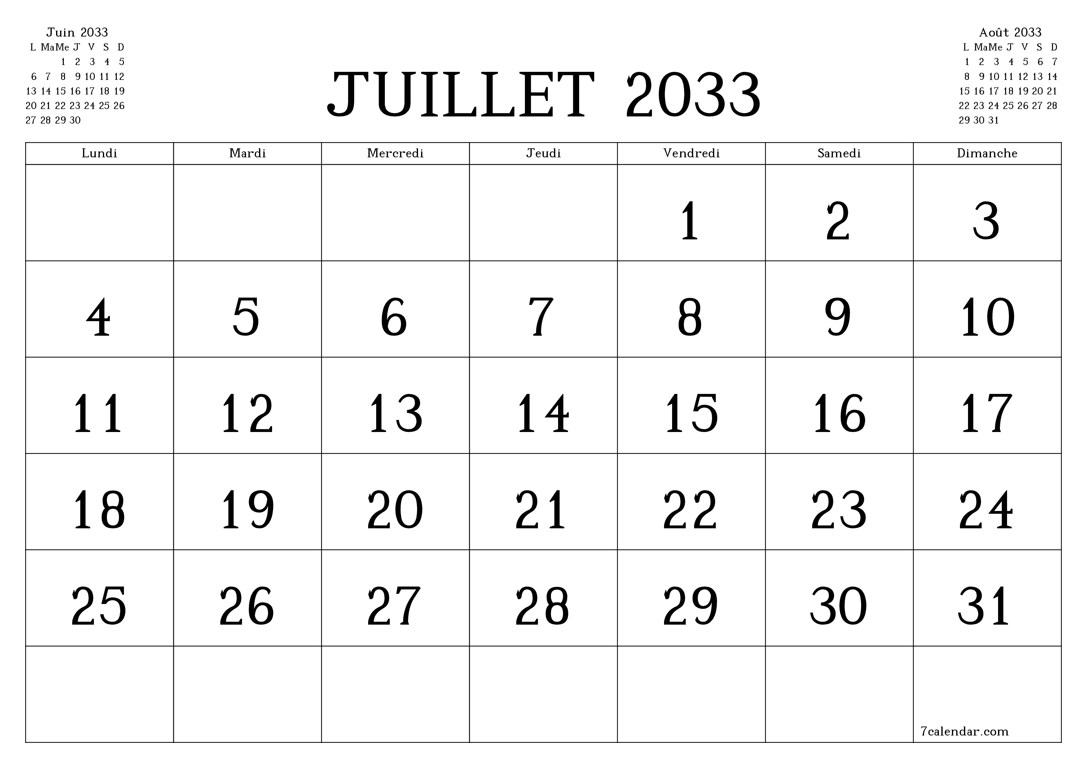 Agenda mensuel vide pour le mois Juillet 2033 avec notes, enregistrez et imprimez au format PDF PNG French
