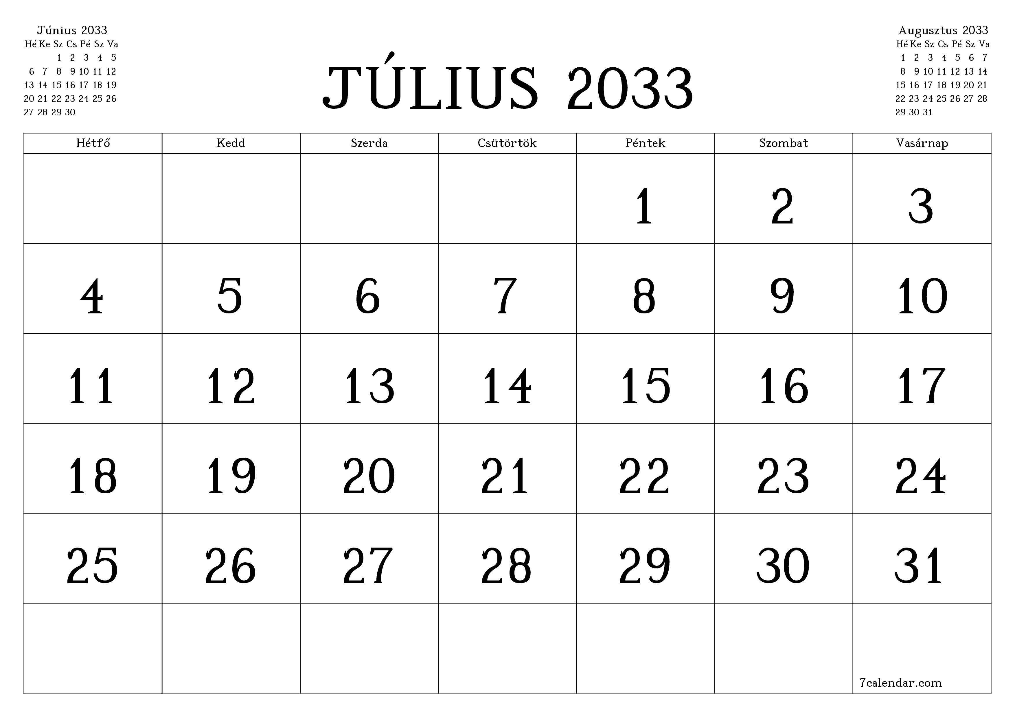 Üres havi tervező a Július 2033 hónapra jegyzetekkel, mentés és nyomtatás PDF-be PNG Hungarian