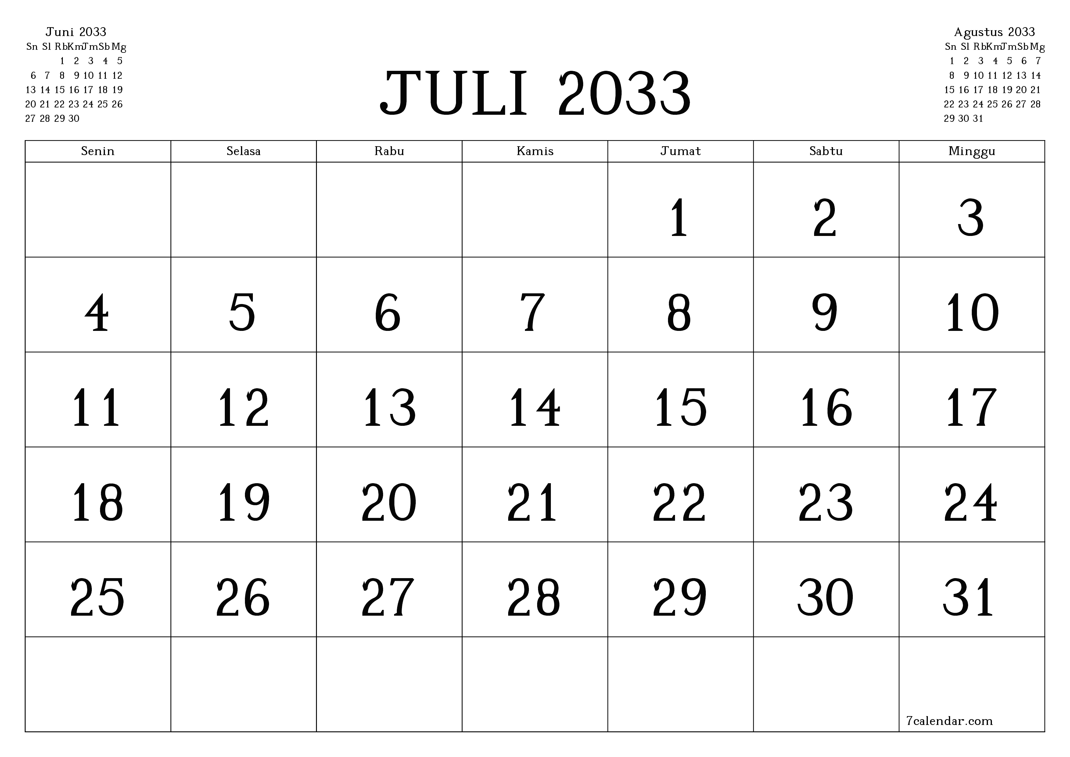 Kosongkan agenda bulanan untuk bulan Juli 2033 dengan catatan, simpan dan cetak ke PDF PNG Indonesian