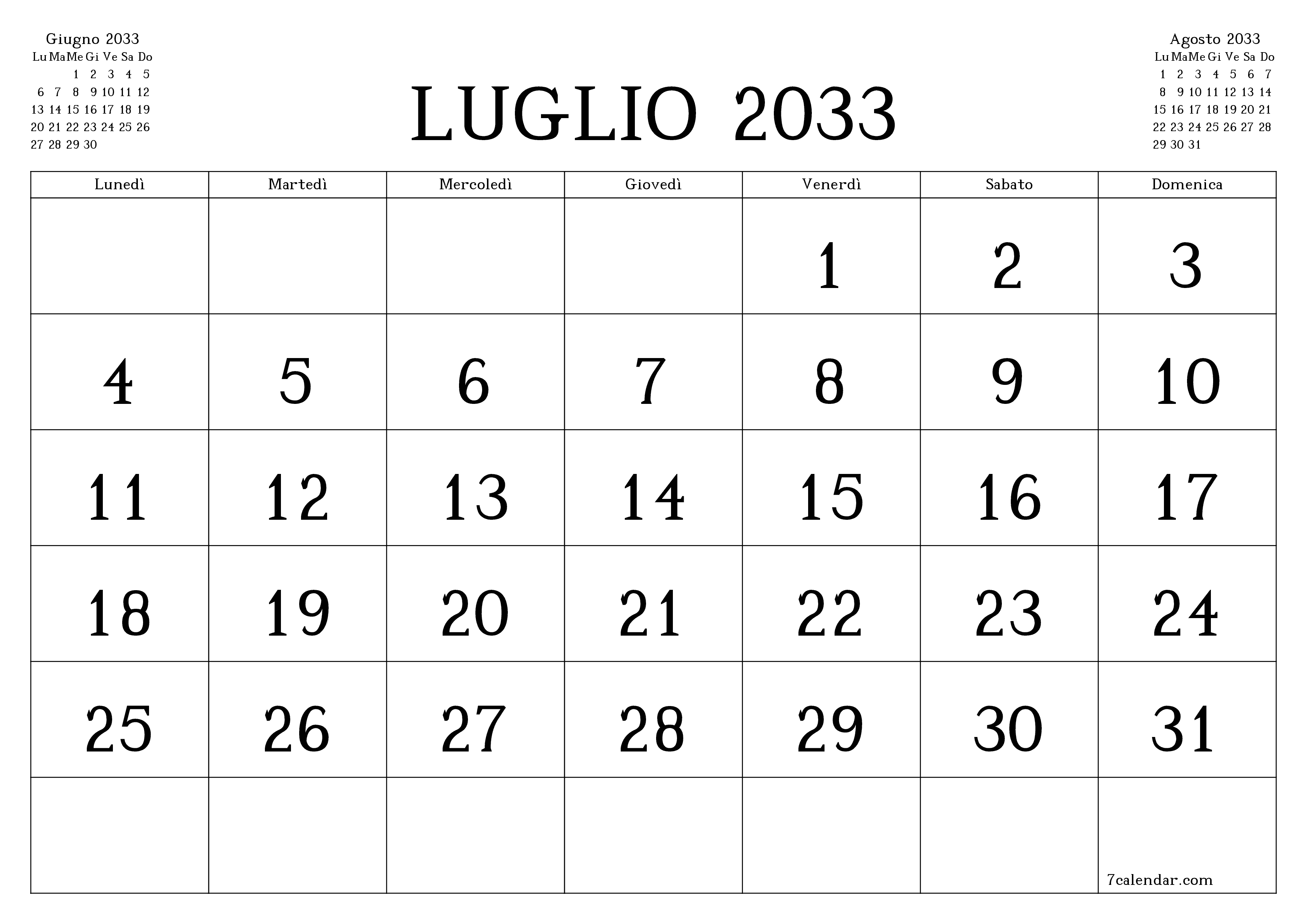 Pianificatore mensile vuoto per il mese Luglio 2033 con note, salva e stampa in PDF PNG Italian
