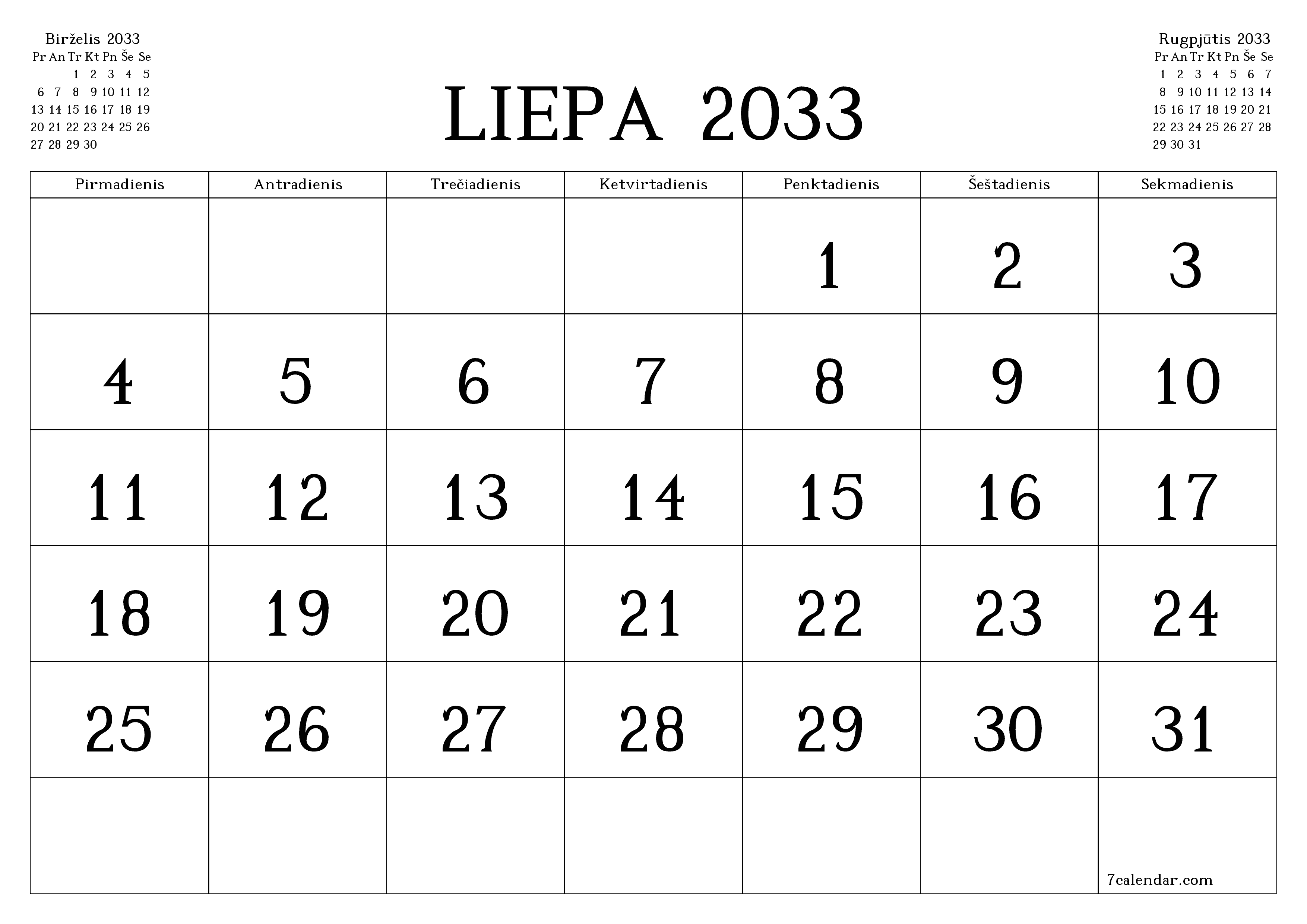 Ištuštinti mėnesio Liepa 2033 mėnesio planavimo priemonę su užrašais, išsaugoti ir atsispausdinti PDF formate PNG Lithuanian