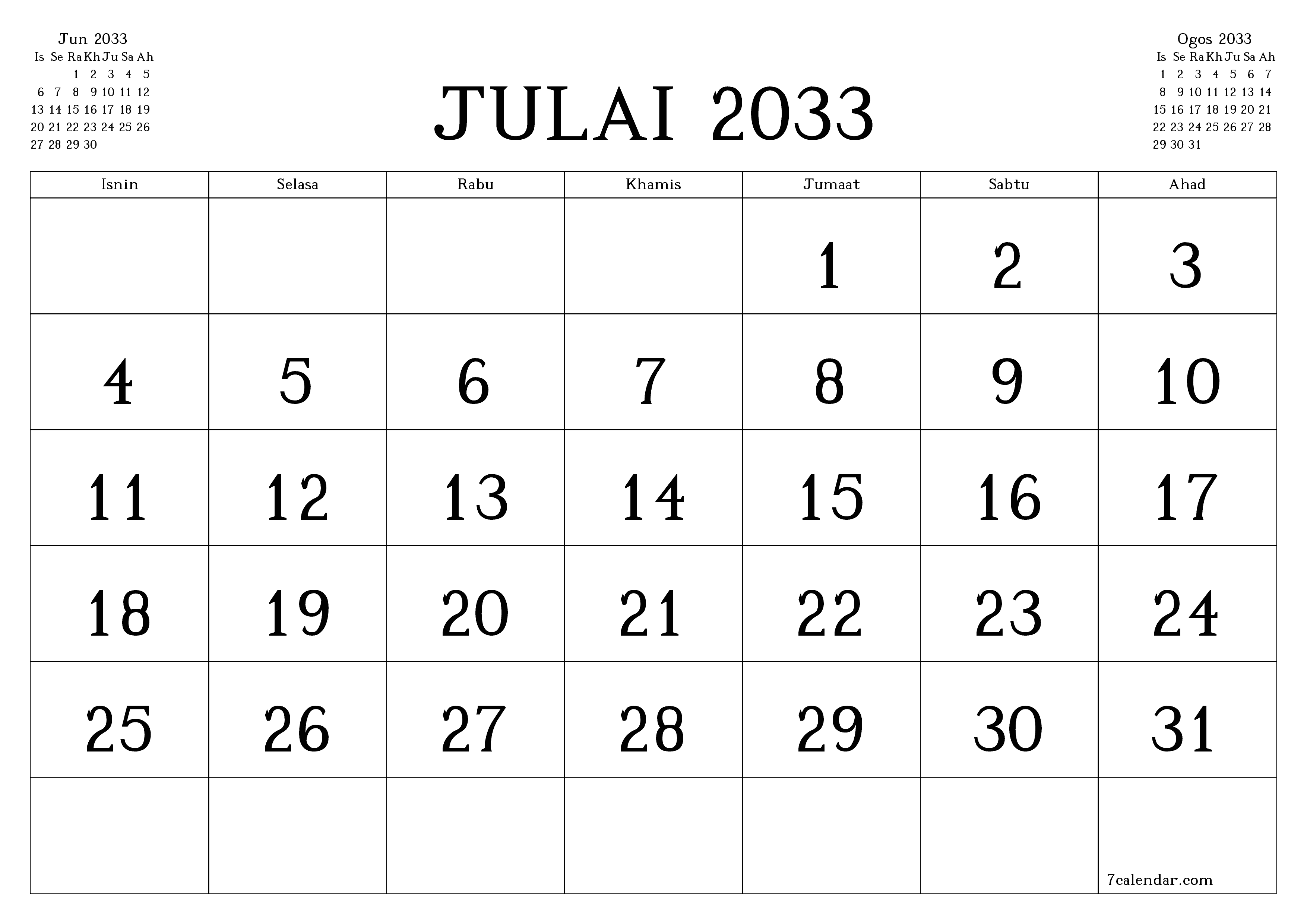 Perancang bulanan kosong untuk bulan Julai 2033 dengan nota, simpan dan cetak ke PDF PNG Malay