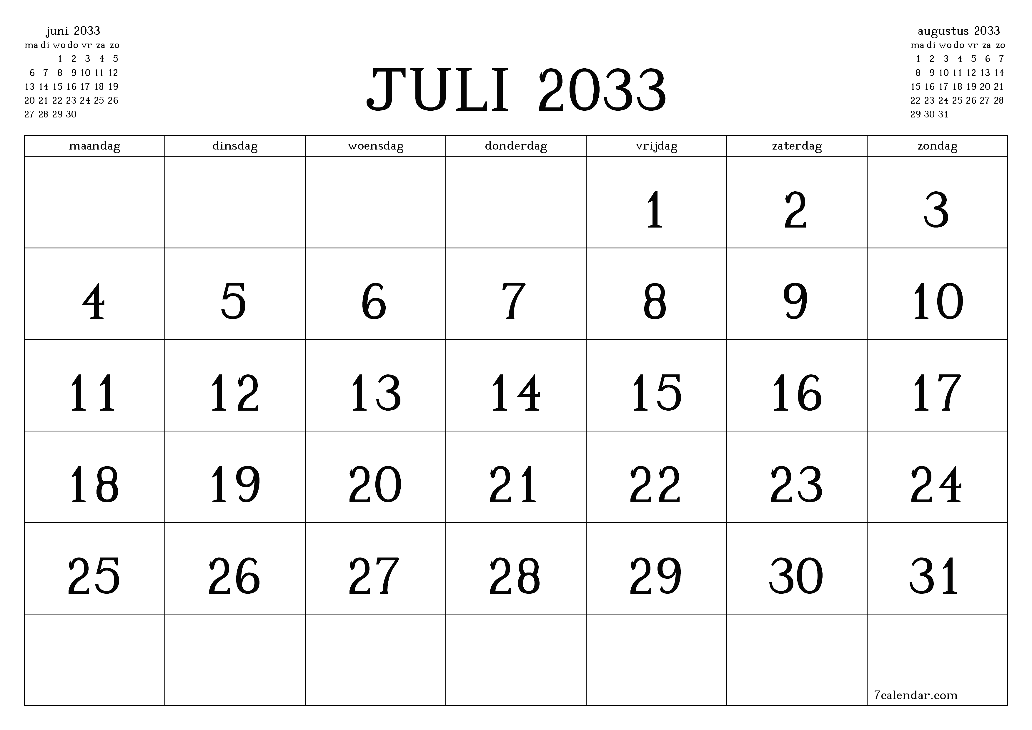 Lege maandplanner voor maand juli 2033 met notities, opslaan en afdrukken naar pdf PNG Dutch