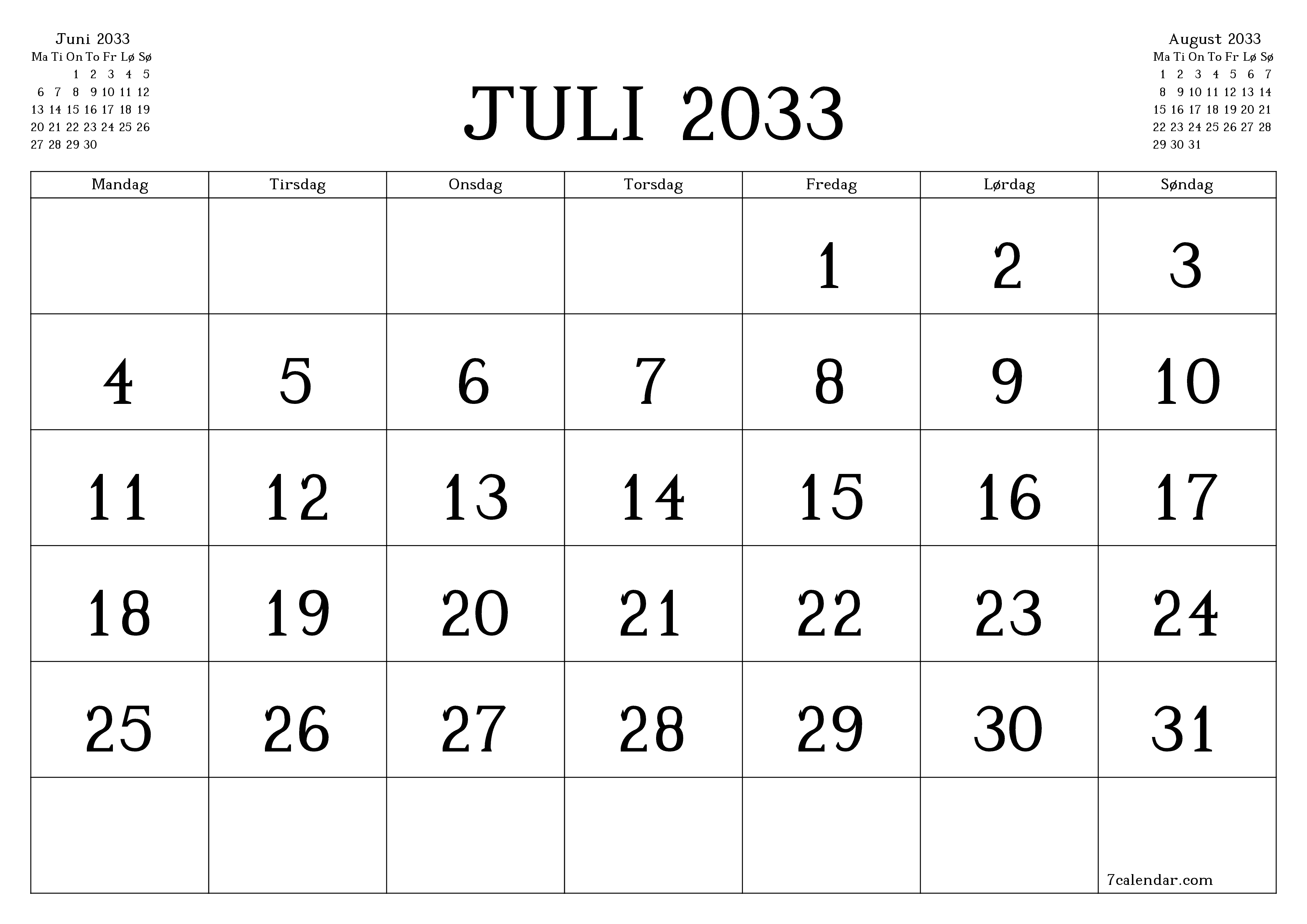 Tom månedlig planlegger for måned Juli 2033 med notater, lagre og skriv ut til PDF PNG Norwegian