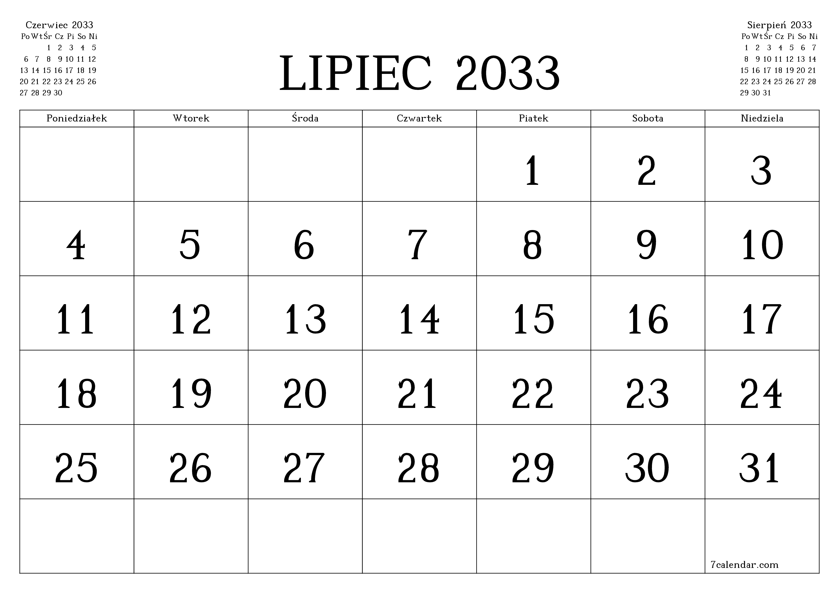 Opróżnij miesięczny planer na miesiąc Lipiec 2033 z notatkami, zapisz i wydrukuj w formacie PDF PNG Polish