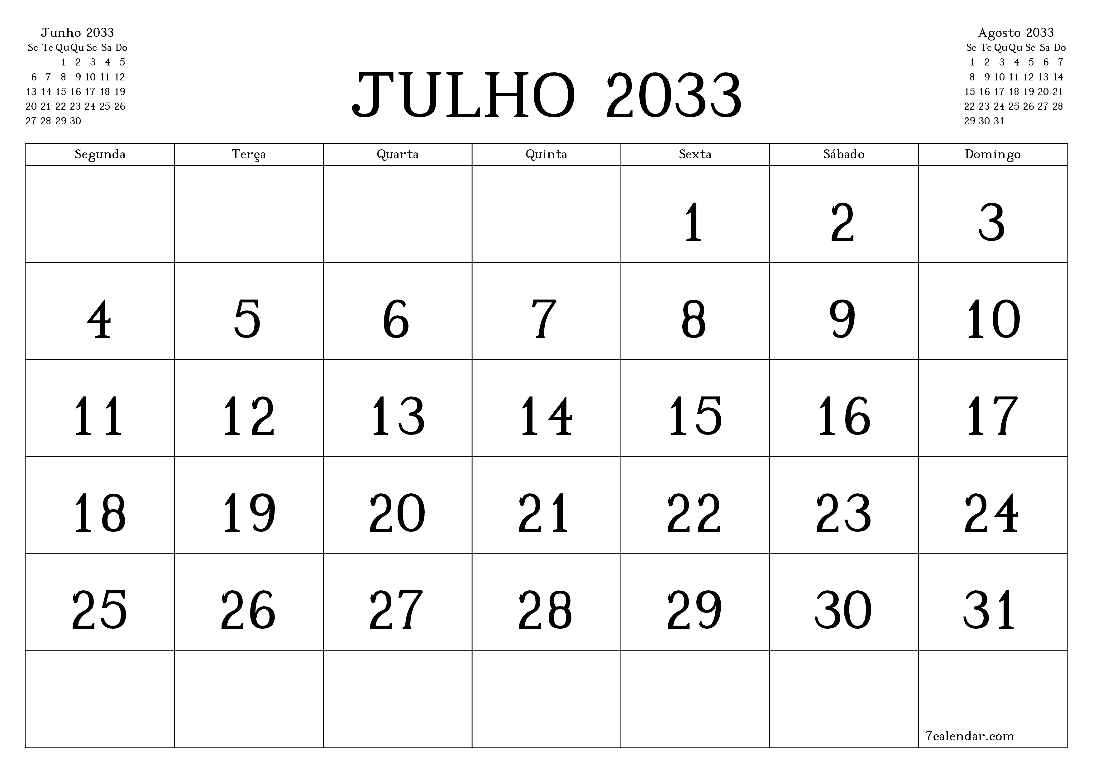 Esvazie o planejador mensal para o mês Julho 2033 com notas, salve e imprima em PDF PNG Portuguese