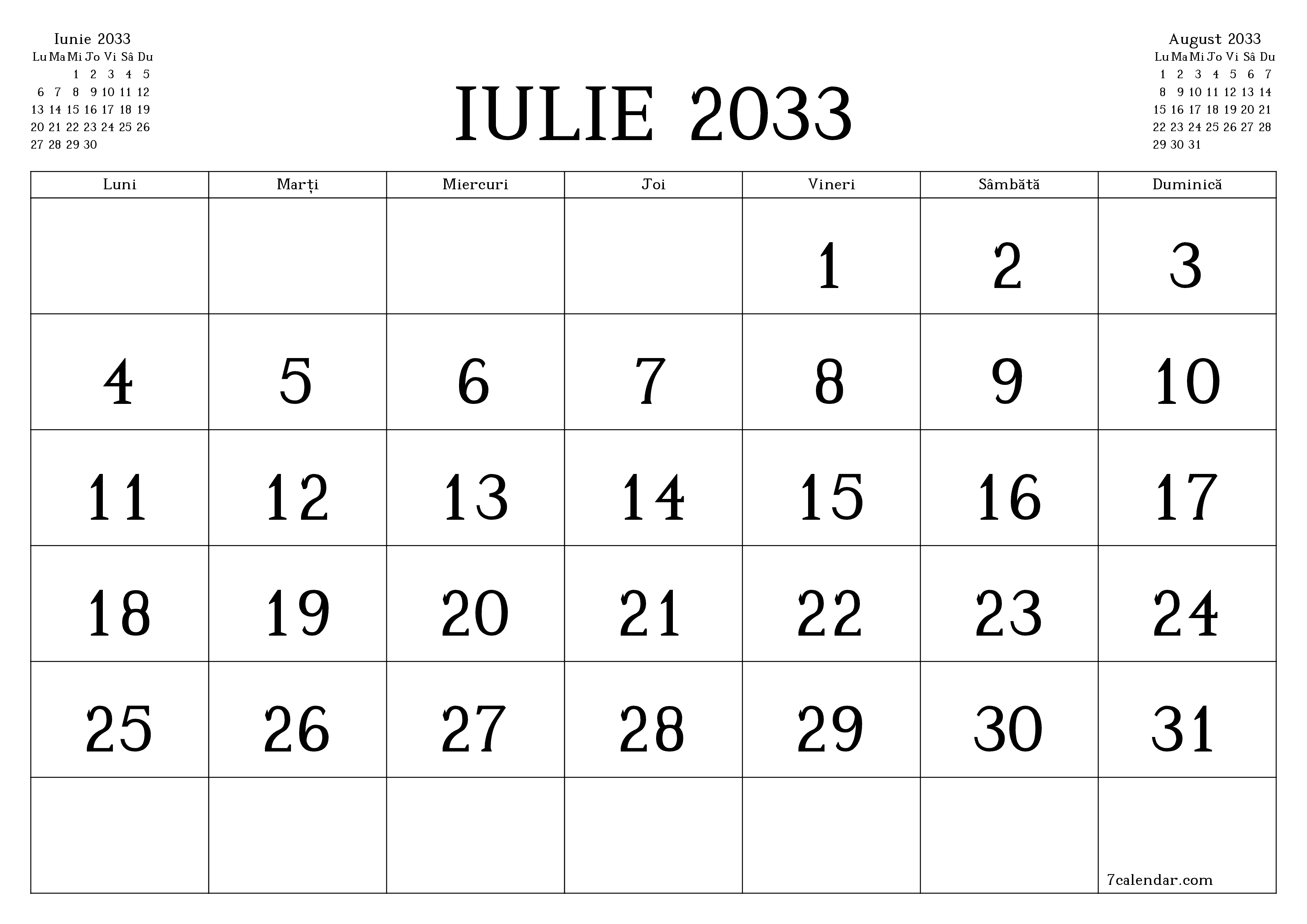 Planificator lunar gol pentru luna Iulie 2033 cu note, salvați și tipăriți în PDF PNG Romanian