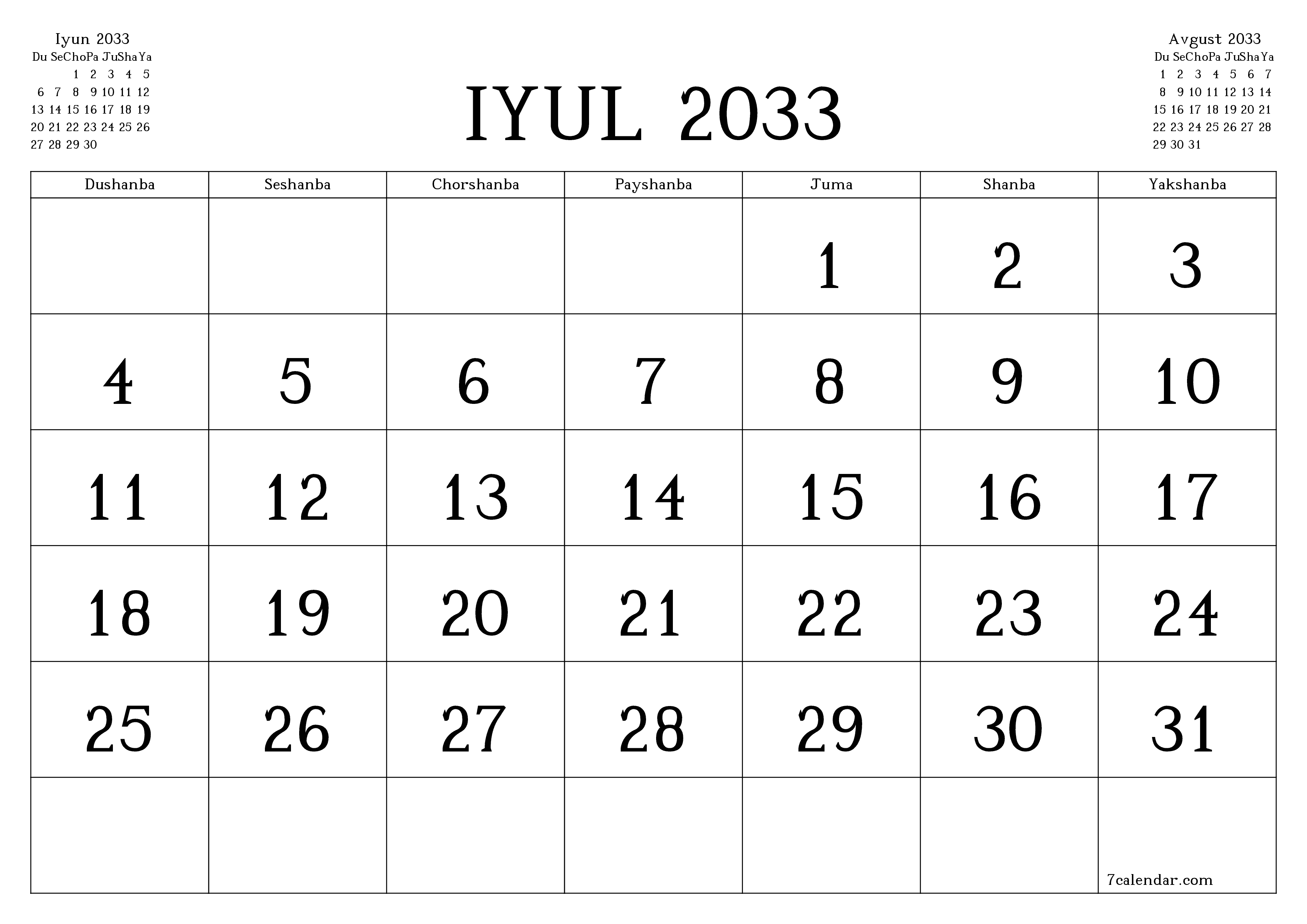 Iyul 2033 oylik oylik rejalashtiruvchini yozuvlar bilan bo'shatish, saqlash va PDF-ga chop etish PNG Uzbek