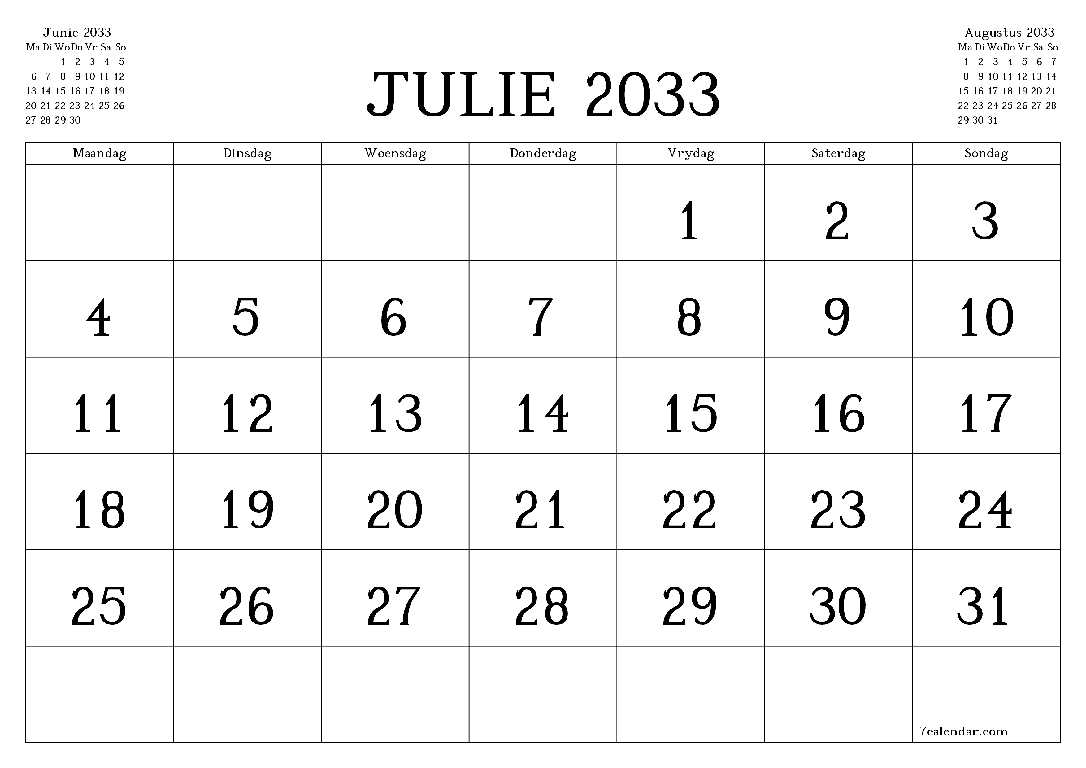 Leë maandelikse drukbare kalender en beplanner vir maand Julie 2033 met notas stoor en druk na PDF PNG Afrikaans