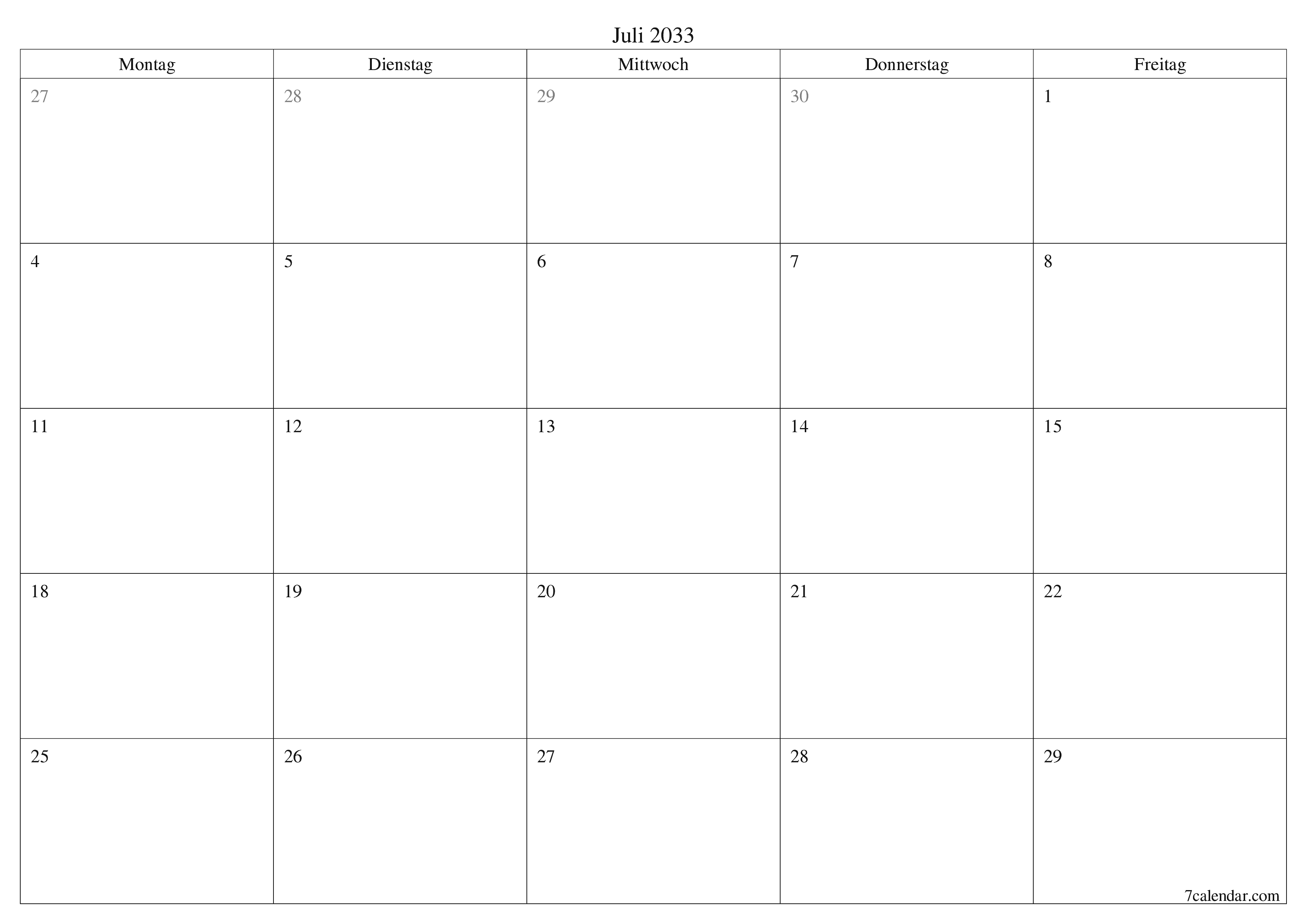 Monatsplaner für Monat Juli 2033 mit Notizen leeren, speichern und als PDF PNG German - 7calendar.com drucken