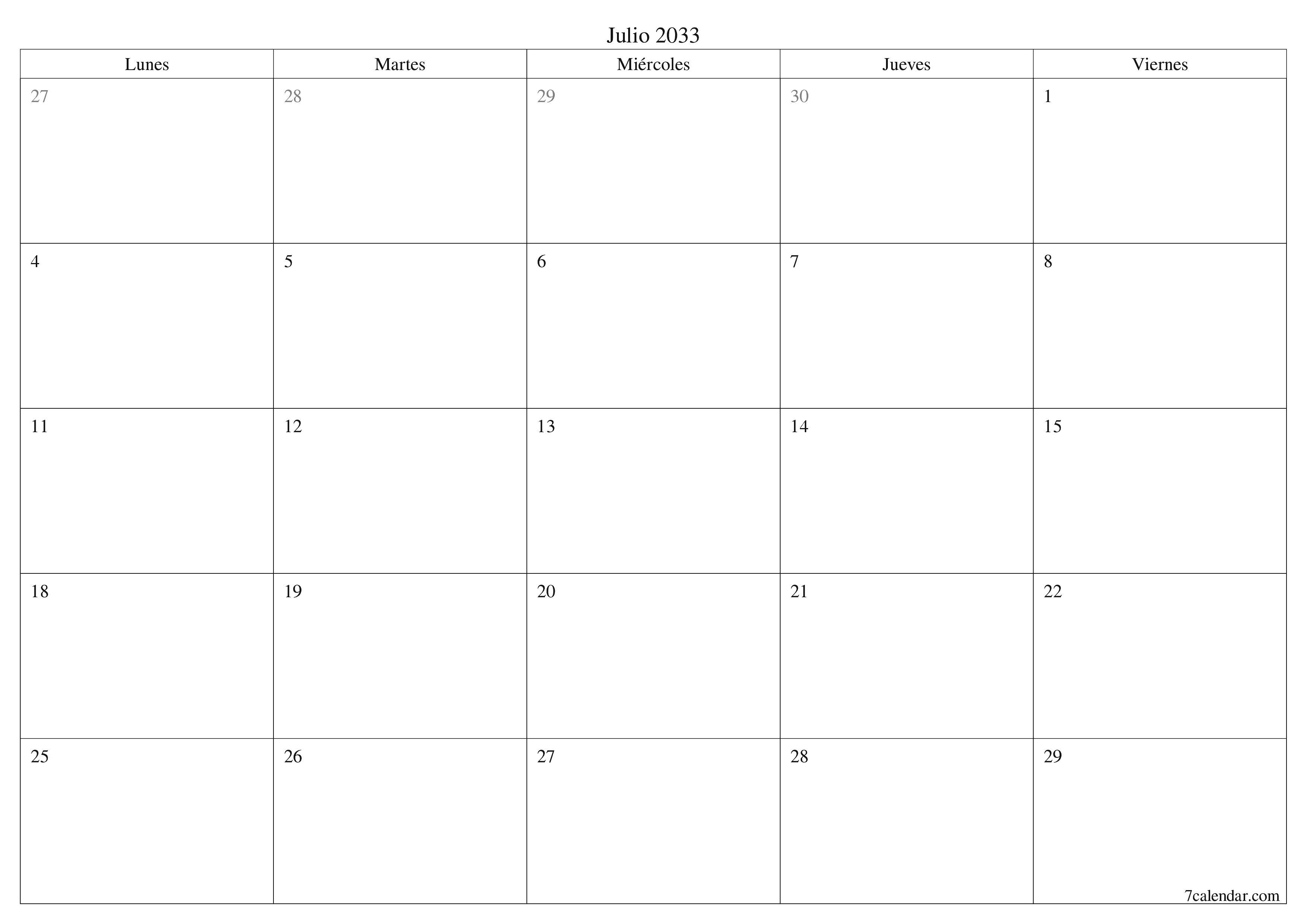 Planificador mensual vacío para el mes Julio 2033 con notas, guardar e imprimir en PDF PNG Spanish