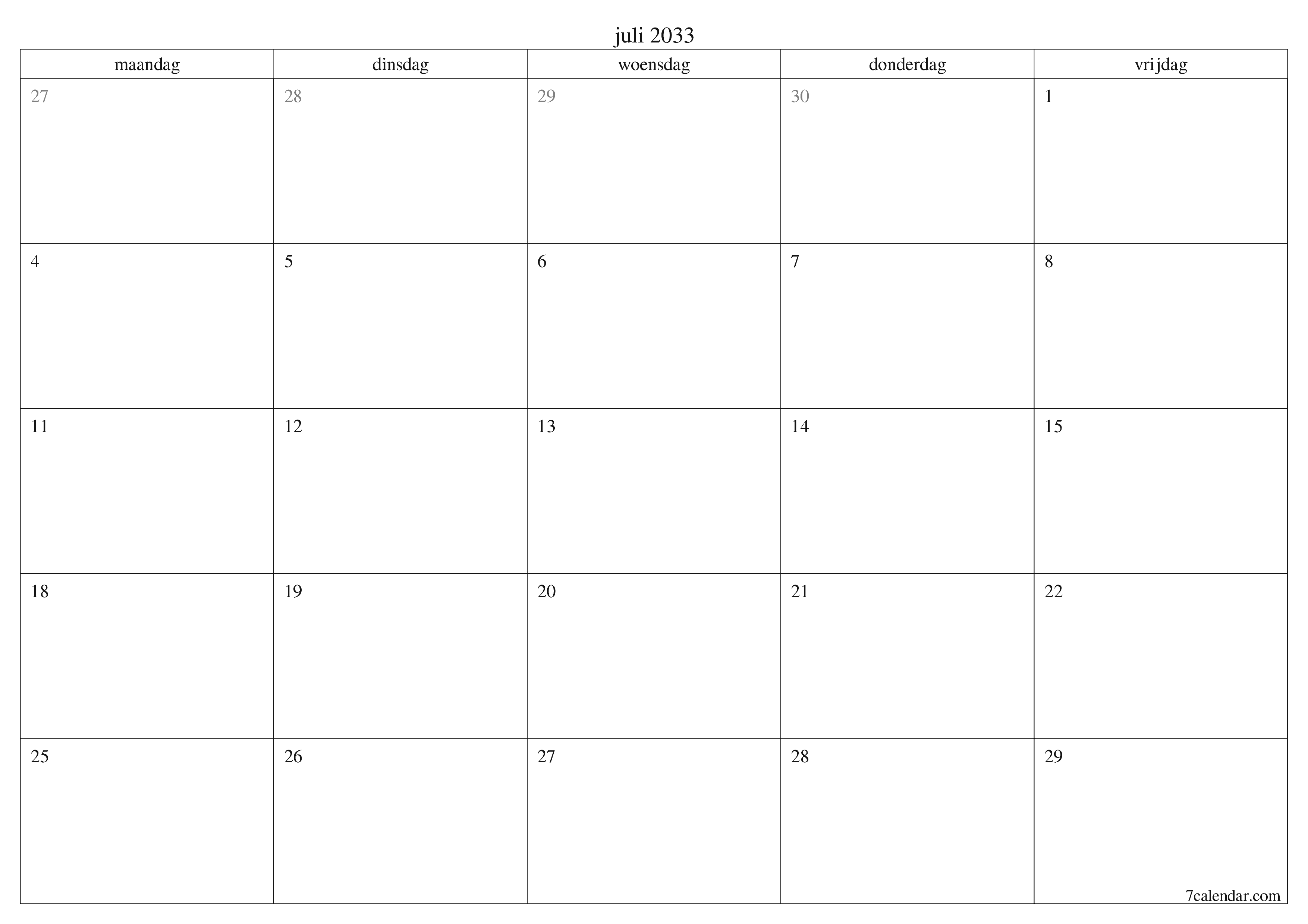 Lege maandplanner voor maand juli 2033 met notities, opslaan en afdrukken naar pdf PNG Dutch