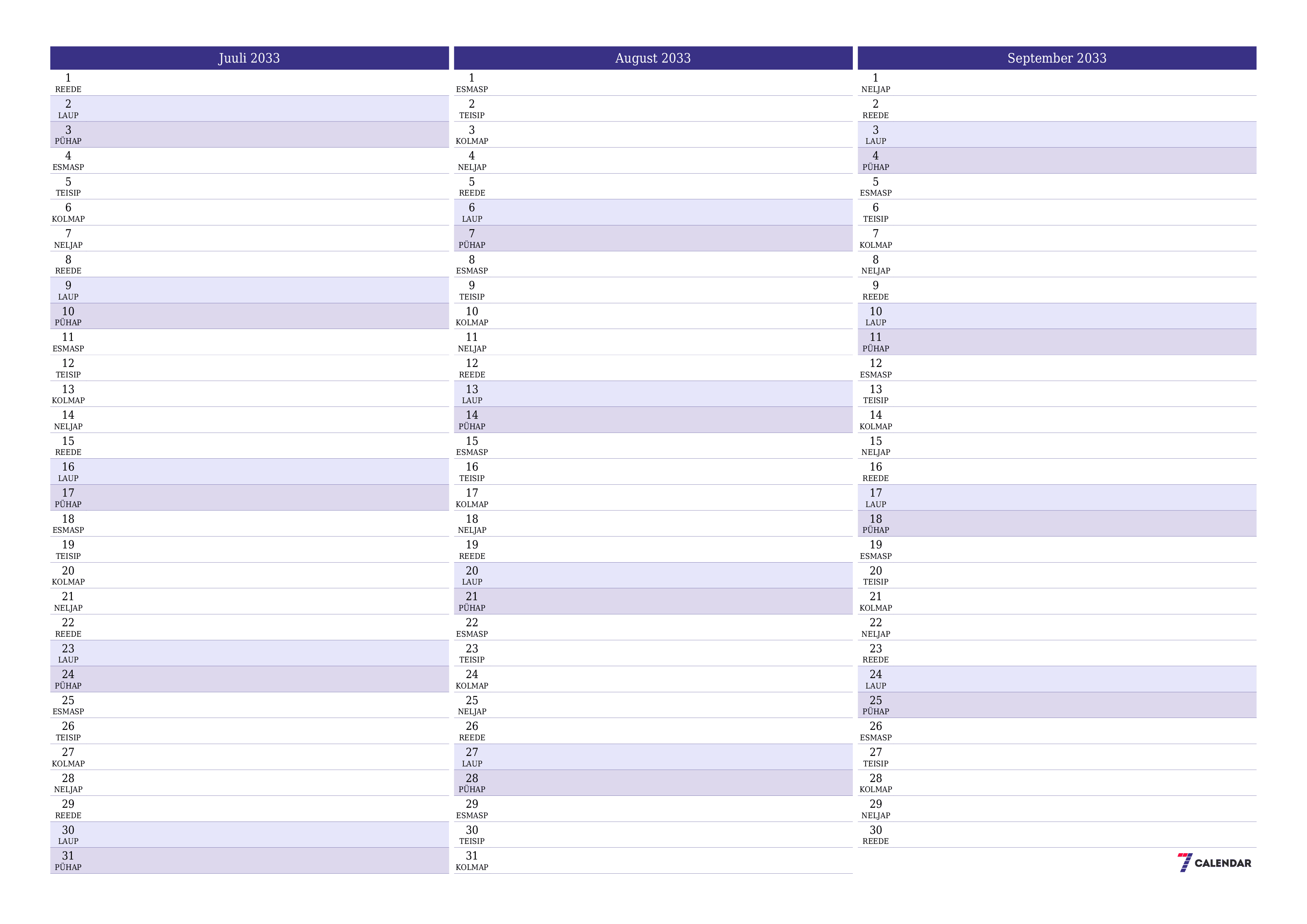 Tühjendage kuu Juuli 2033 kuuplaneerija märkmetega, salvestage ja printige PDF-i PNG Estonian